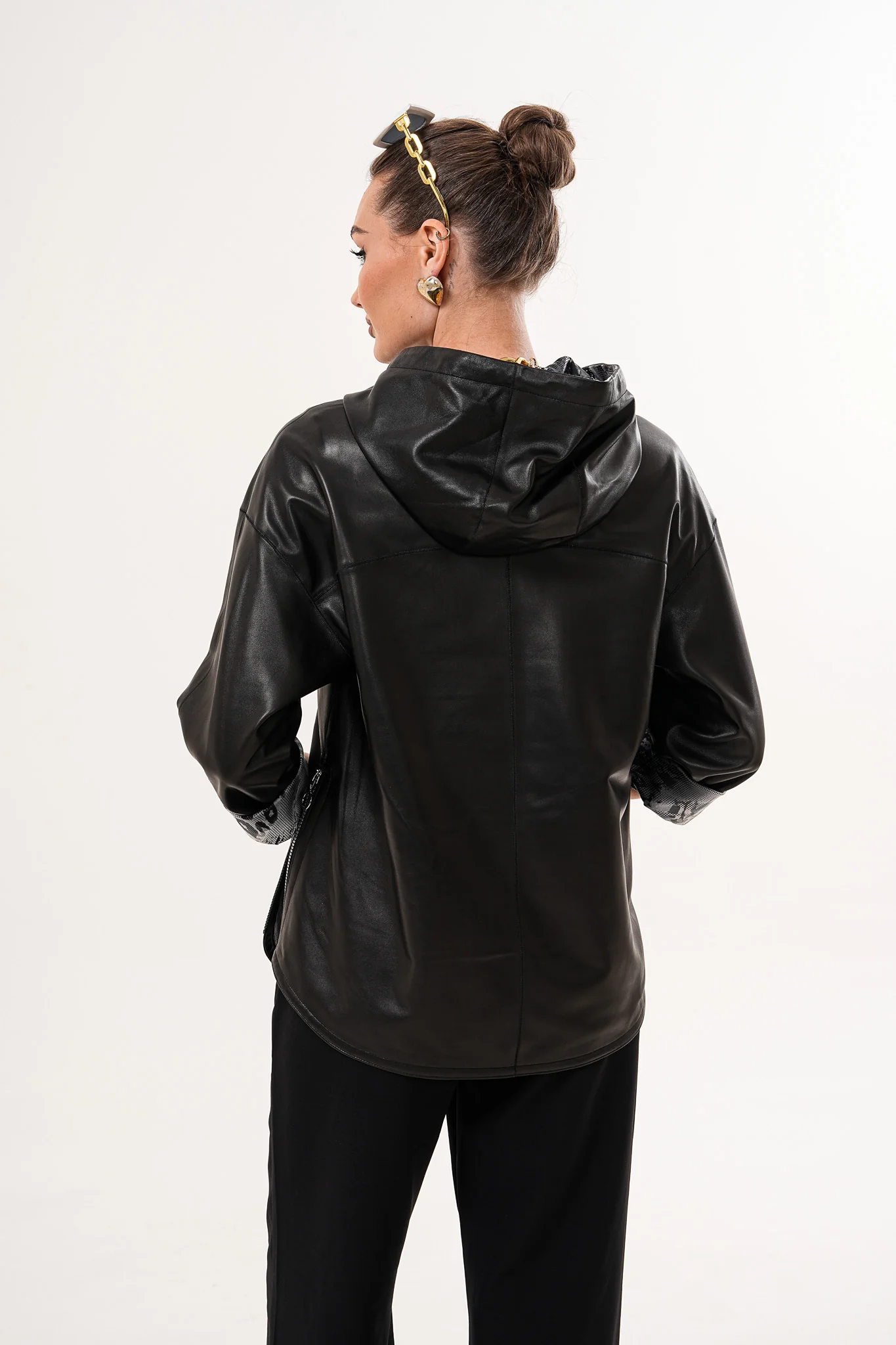 The Nyxara Reversible Hooded Black Leather Jacket - Image 4