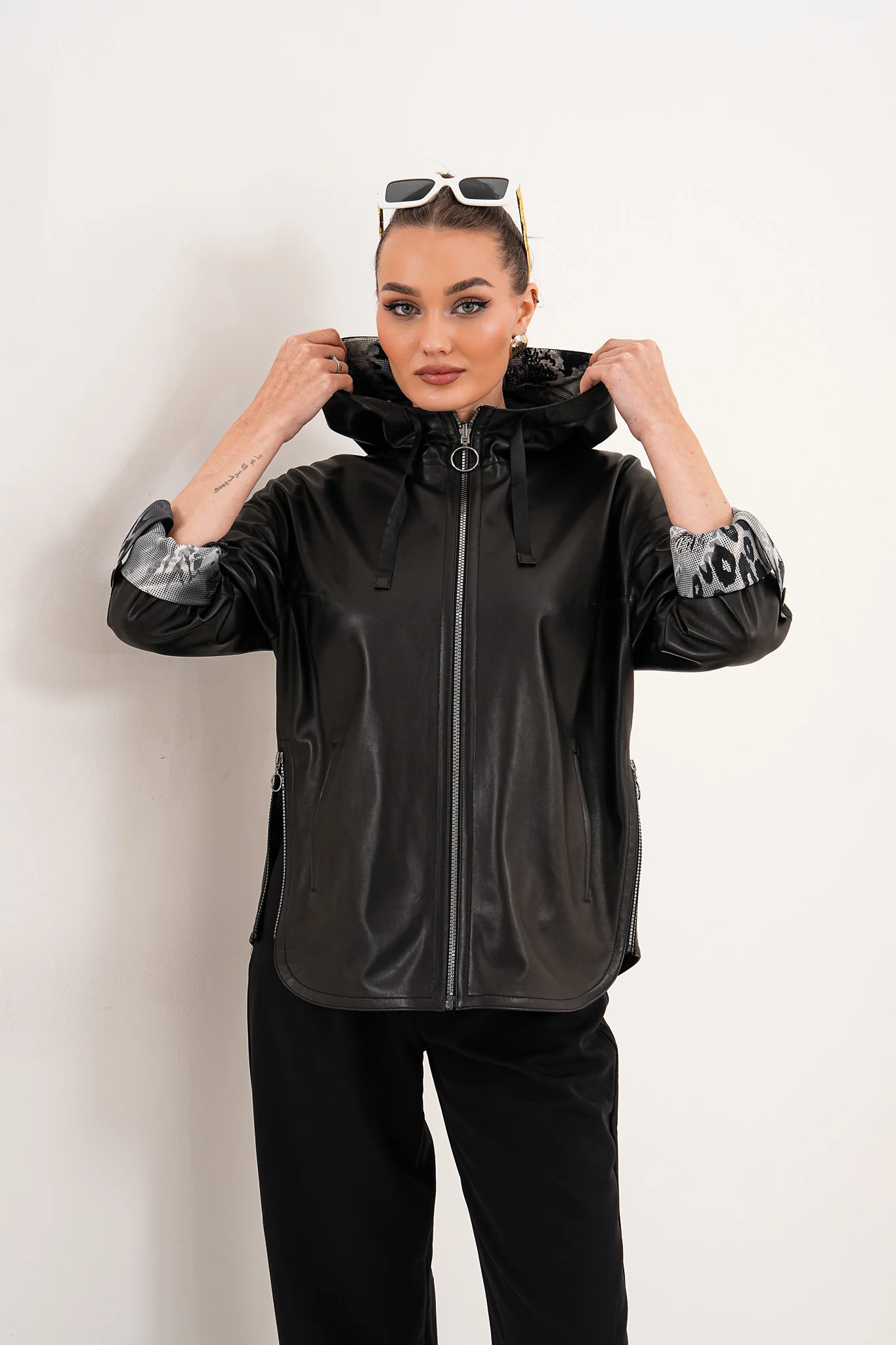 The Nyxara Reversible Hooded Black Leather Jacket - Image 8