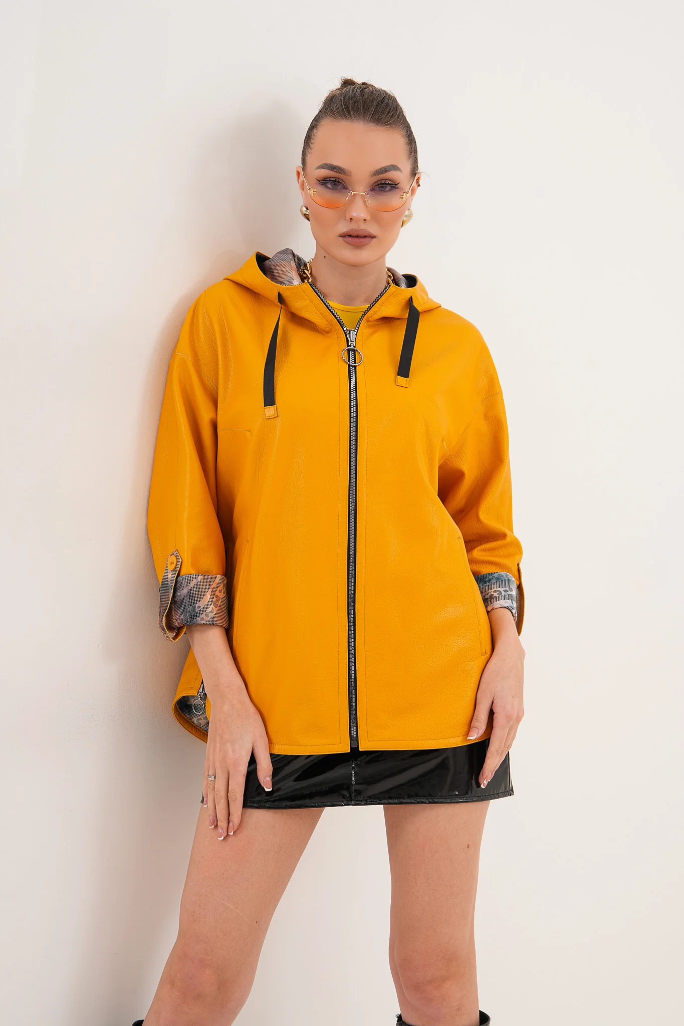 The Nyxara Reversible Hooded Mustard Yellow Leather Jacket - Image 12