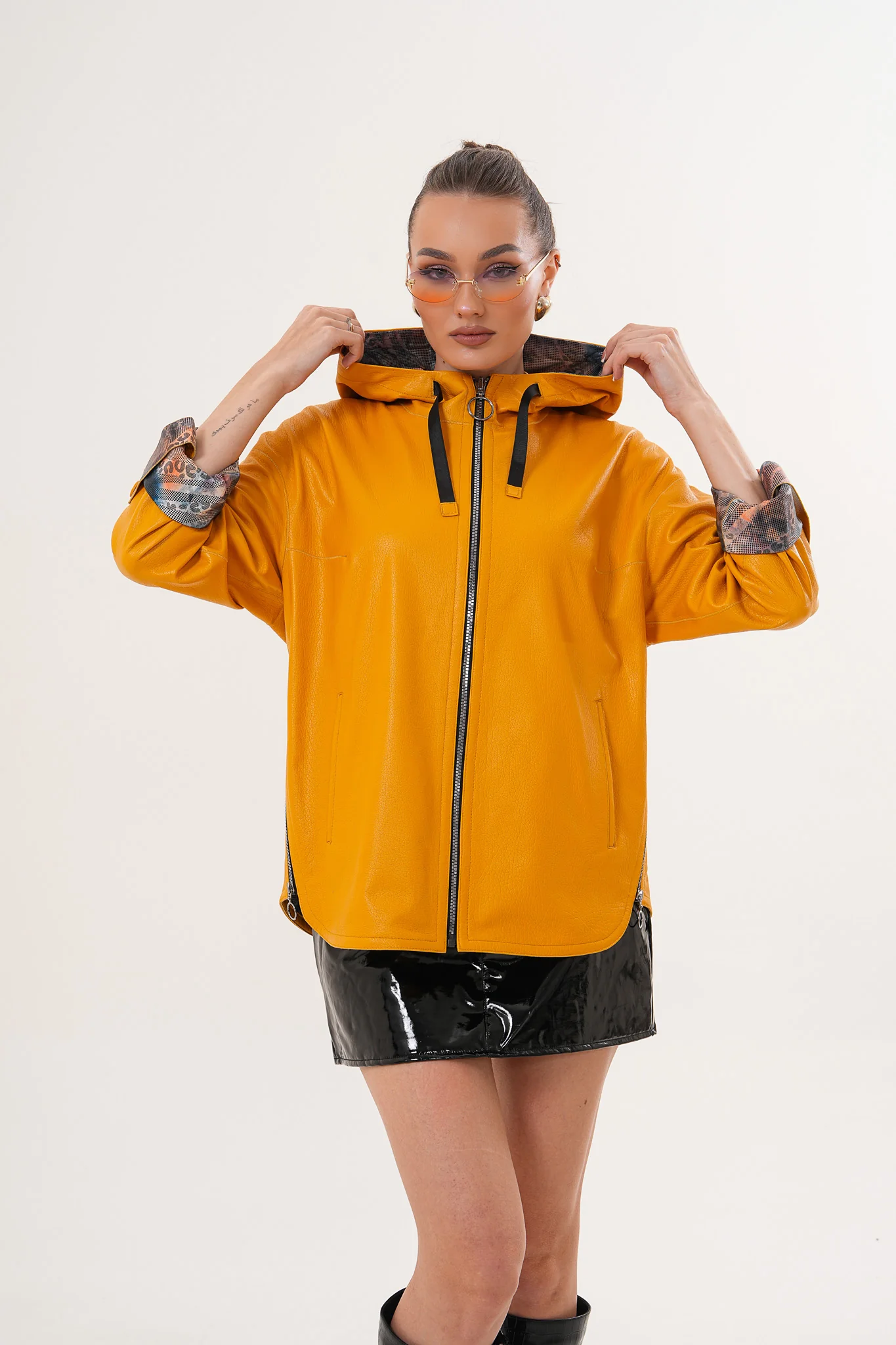The Nyxara Reversible Hooded Mustard Yellow Leather Jacket - Image 6