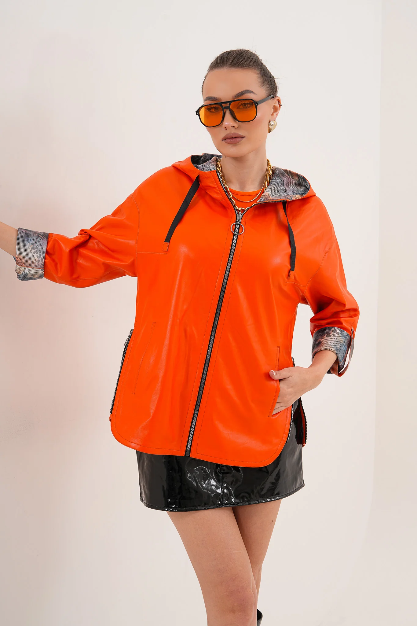 The Nyxara Reversible Hooded Orange Leather Jacket - Image 14