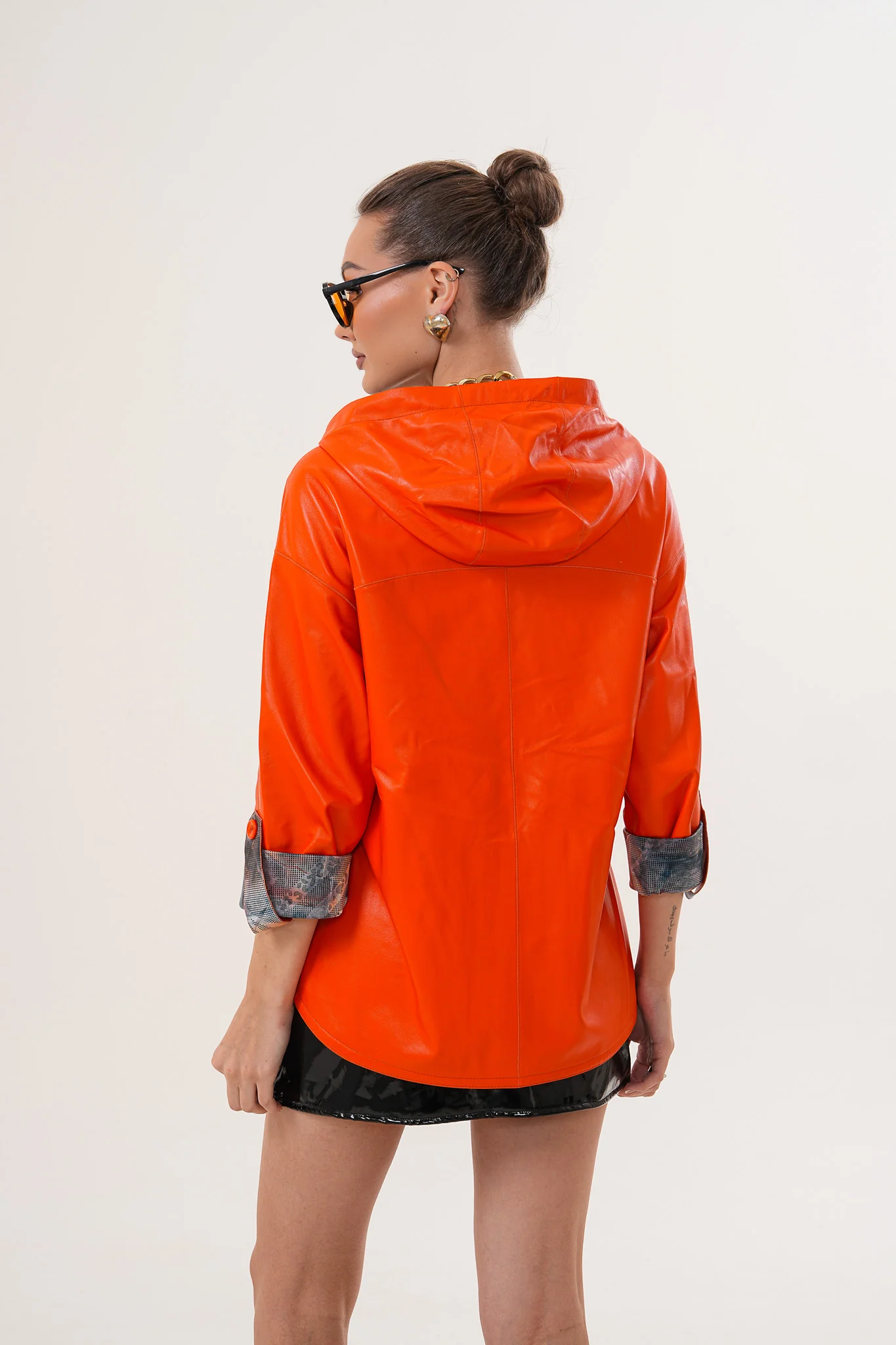 The Nyxara Reversible Hooded Orange Leather Jacket - Image 3