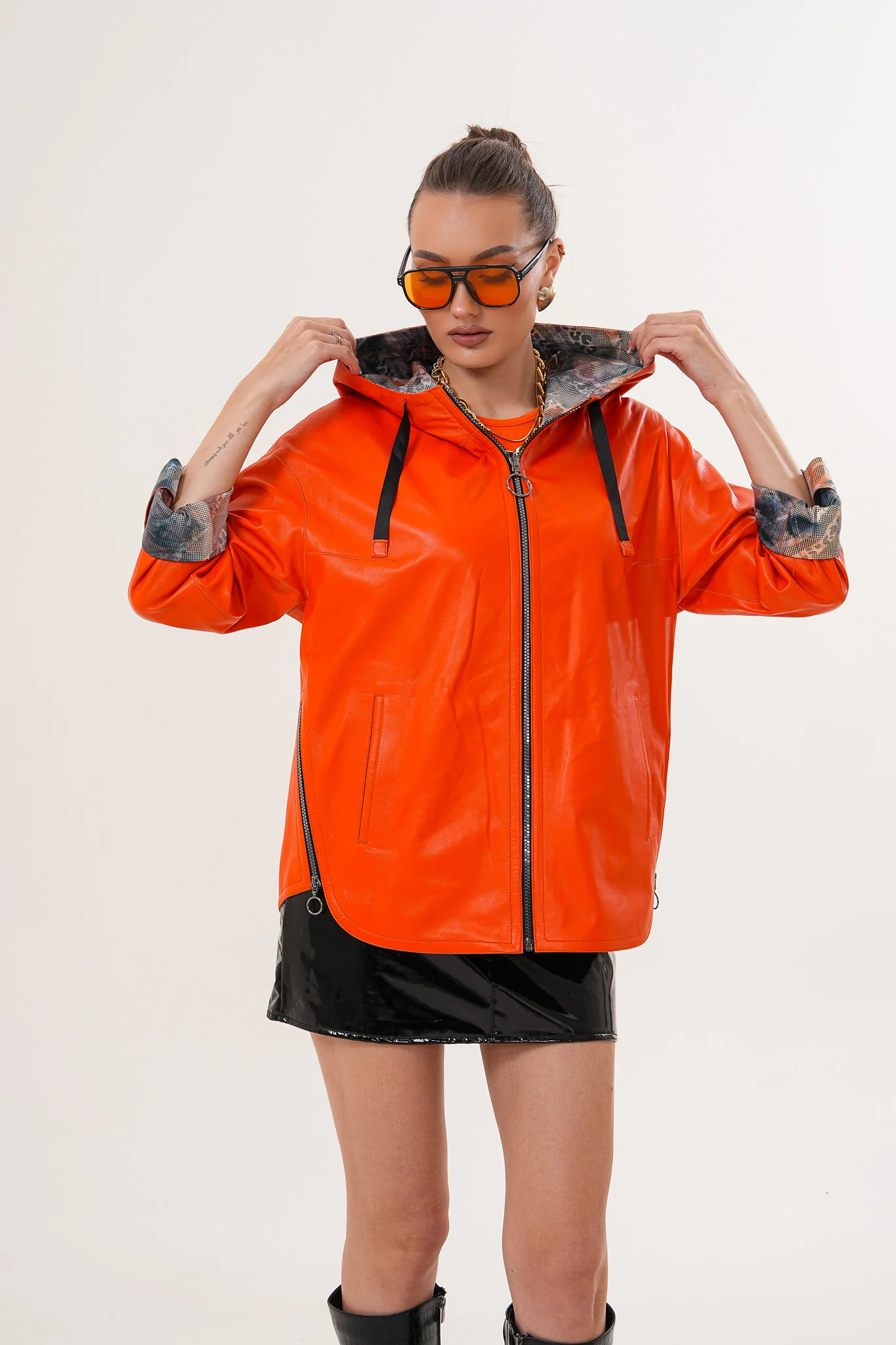 The Nyxara Reversible Hooded Orange Leather Jacket - Image 7