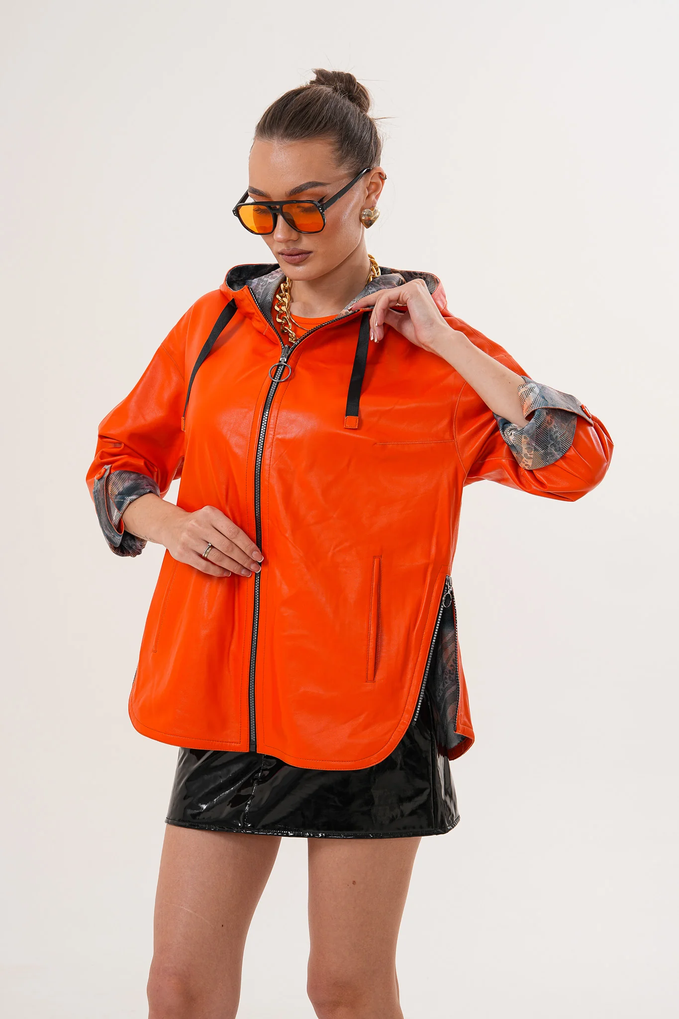 The Nyxara Reversible Hooded Orange Leather Jacket - Image 8