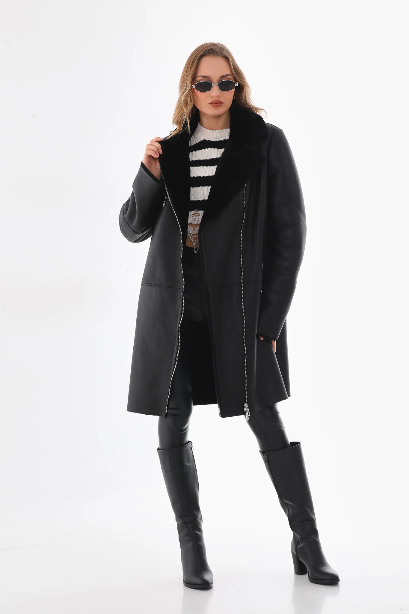 The Onyx Black Shearling & Fox Fur Leather Women Jacket - Image 10