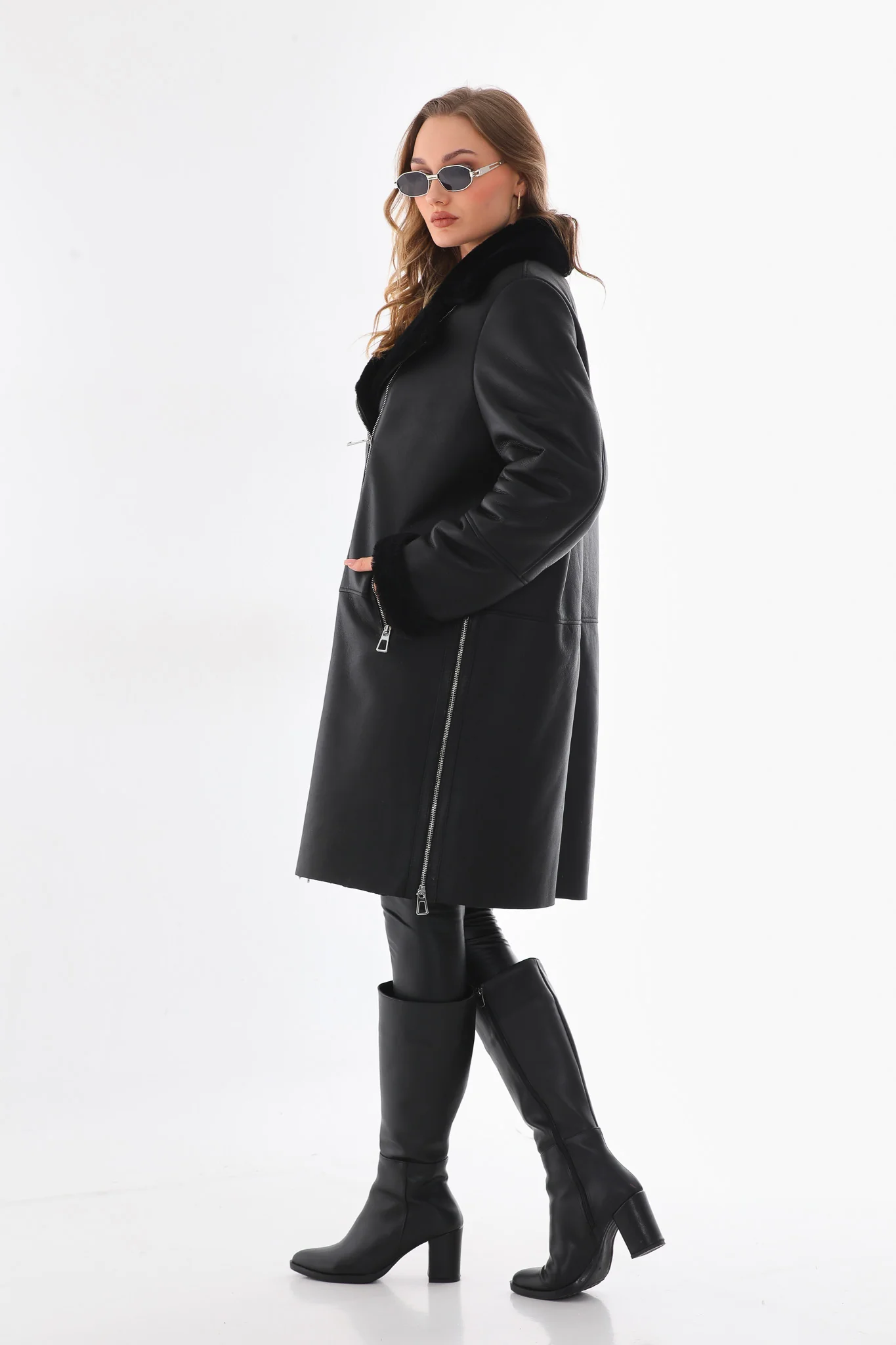 The Onyx Black Shearling & Fox Fur Leather Women Jacket - Image 12