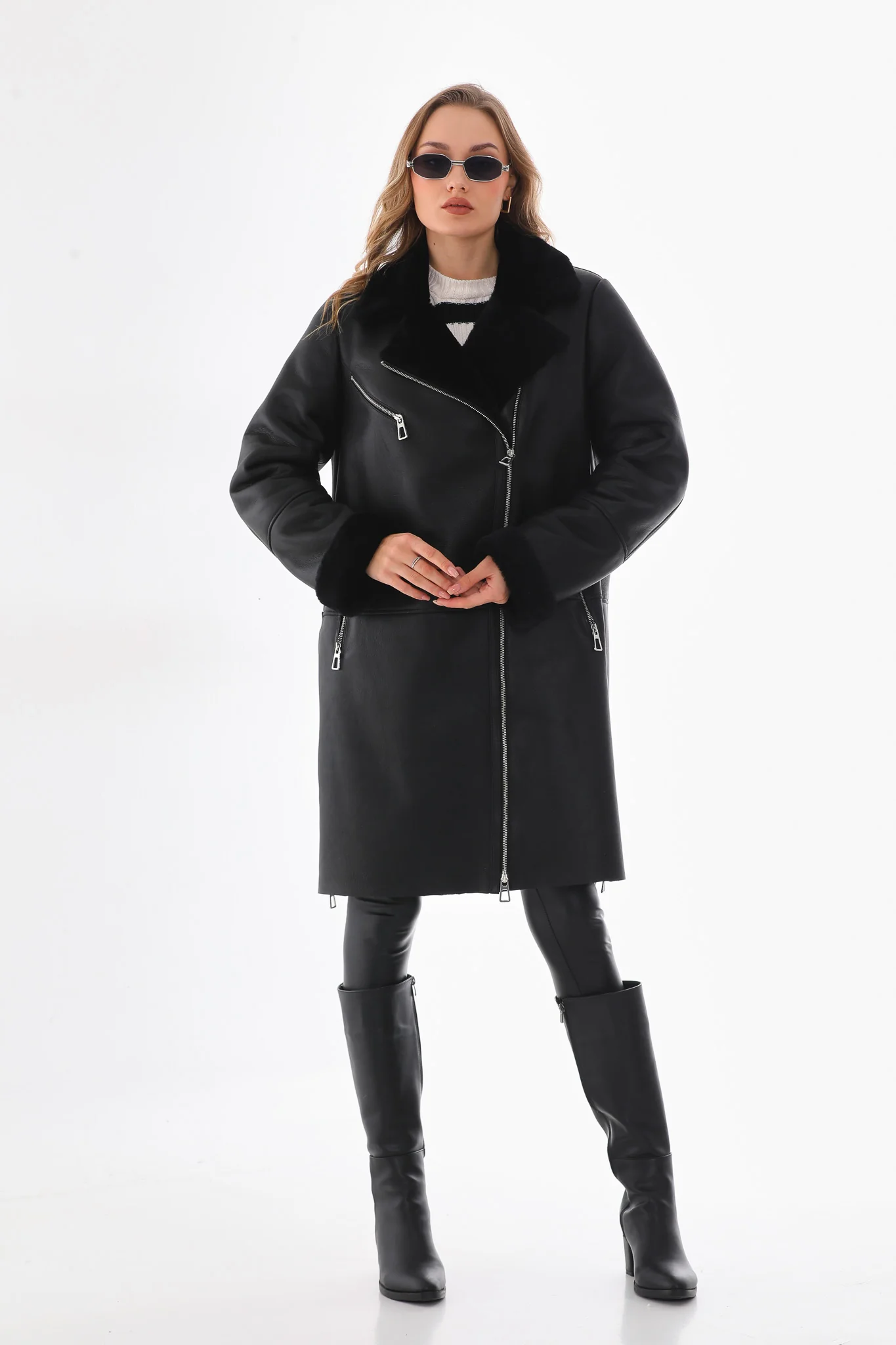 The Onyx Black Shearling & Fox Fur Leather Women Jacket - Image 13