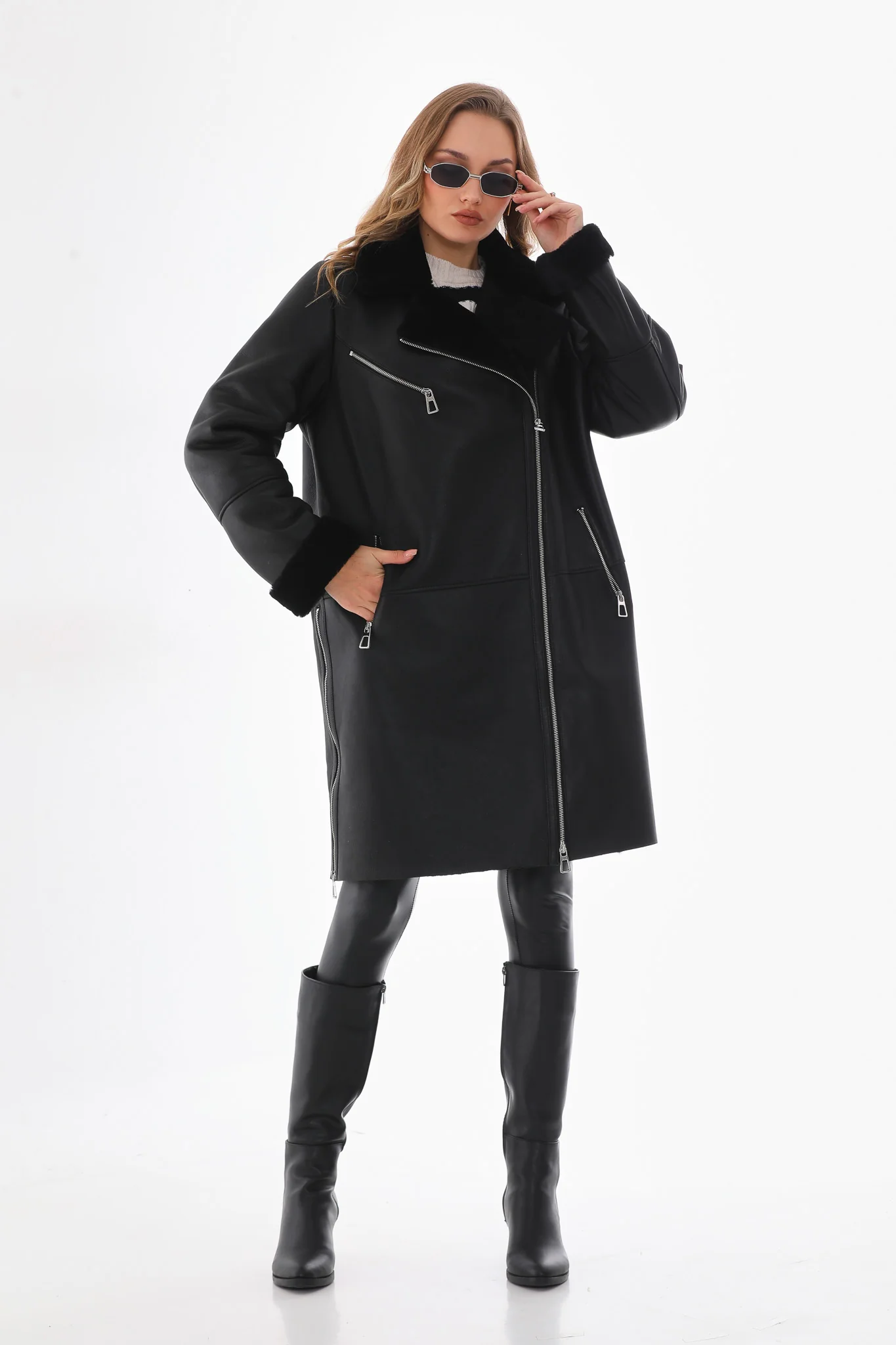 The Onyx Black Shearling & Fox Fur Leather Women Jacket - Image 14