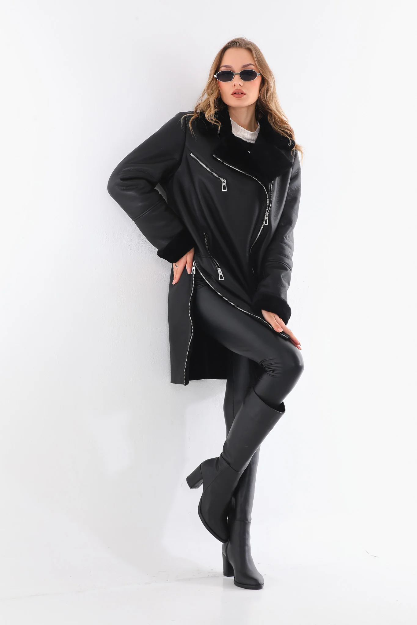 The Onyx Black Shearling & Fox Fur Leather Women Jacket - Image 2