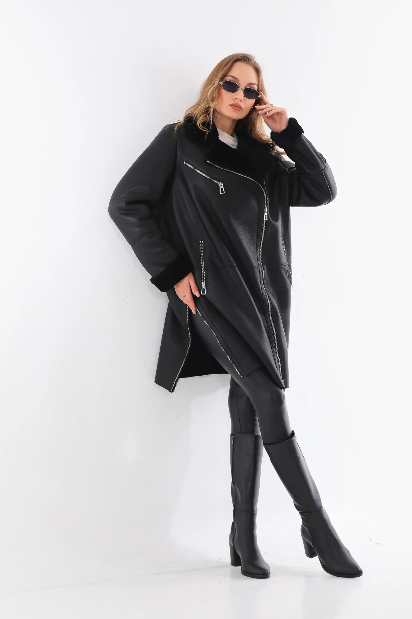 The Onyx Black Shearling & Fox Fur Leather Women Jacket - Image 8