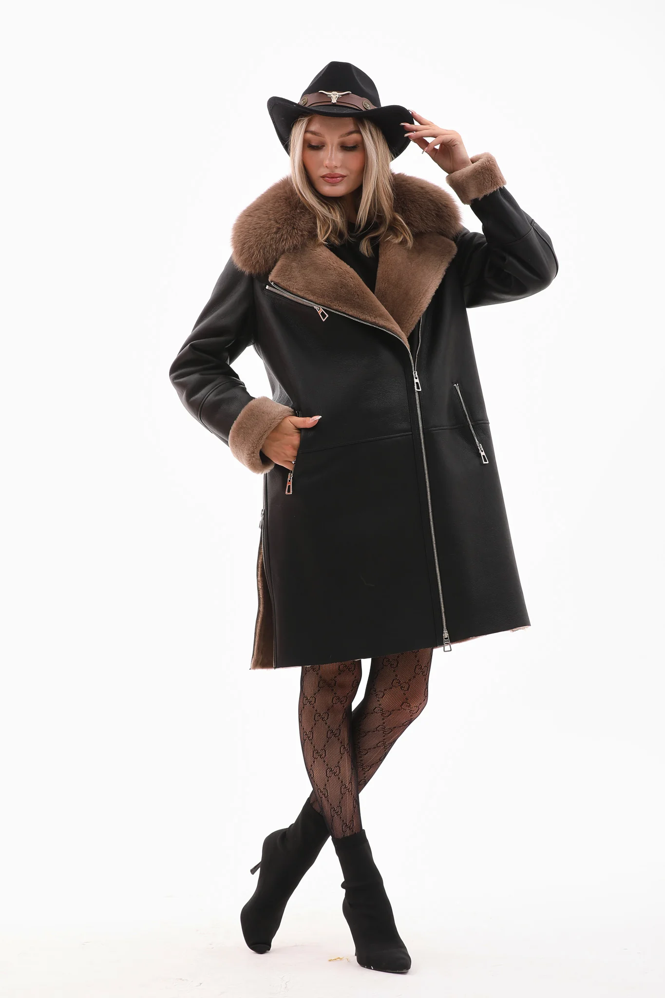 The Onyx Caramel Shearling & Fox Fur Leather Women Jacket - Image 2
