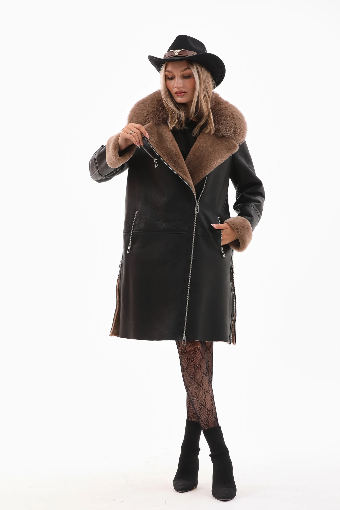 The Onyx Caramel Shearling & Fox Fur Leather Women Jacket - Image 6