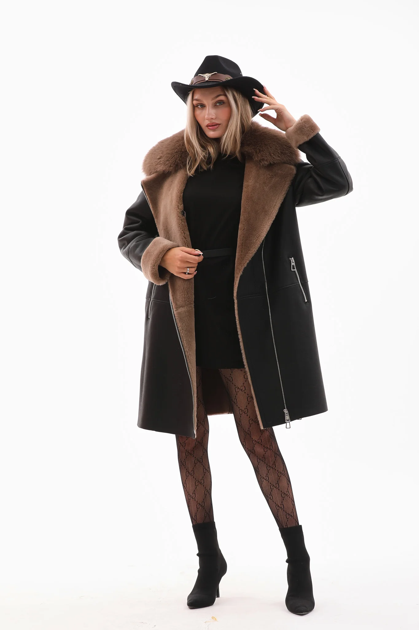 The Onyx Caramel Shearling & Fox Fur Leather Women Jacket - Image 8