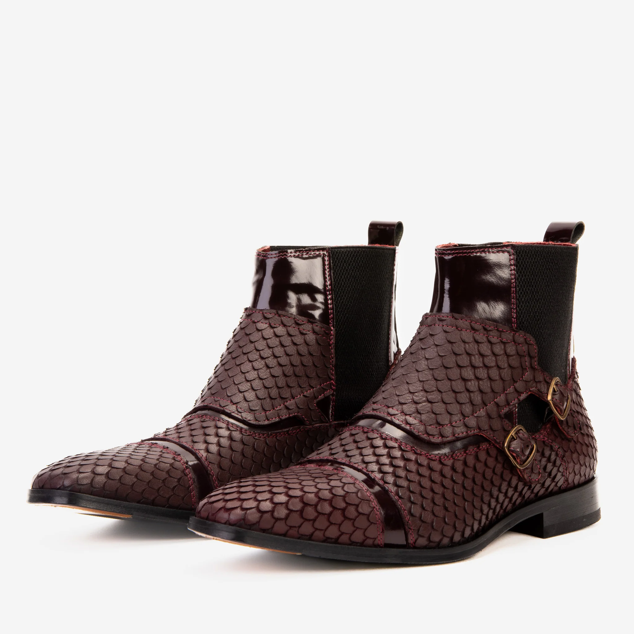 The Orion Burgundy Snakeskin Pattern Leather Double Monk Strap Men Boot - Image 2