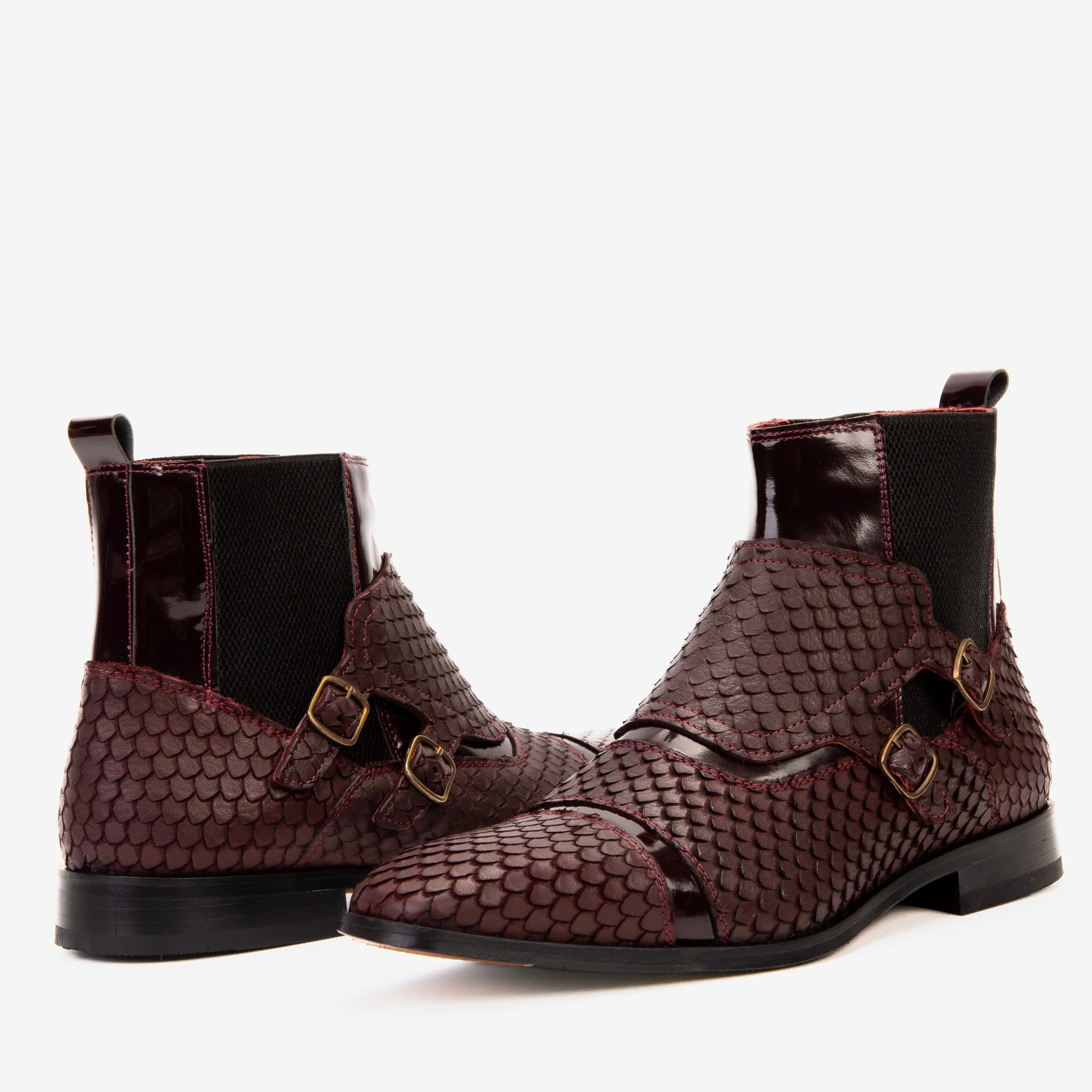 The Orion Burgundy Snakeskin Pattern Leather Double Monk Strap Men Boot - Image 4