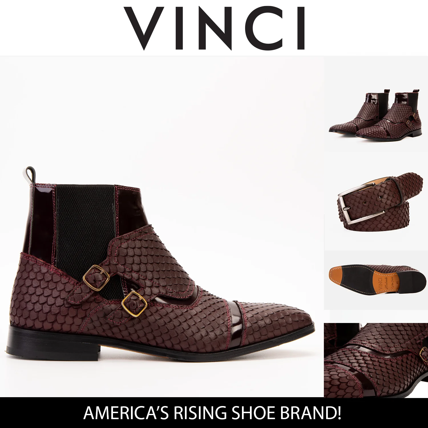 The Orion Burgundy Snakeskin Pattern Leather Double Monk Strap Men Boot - Image 7