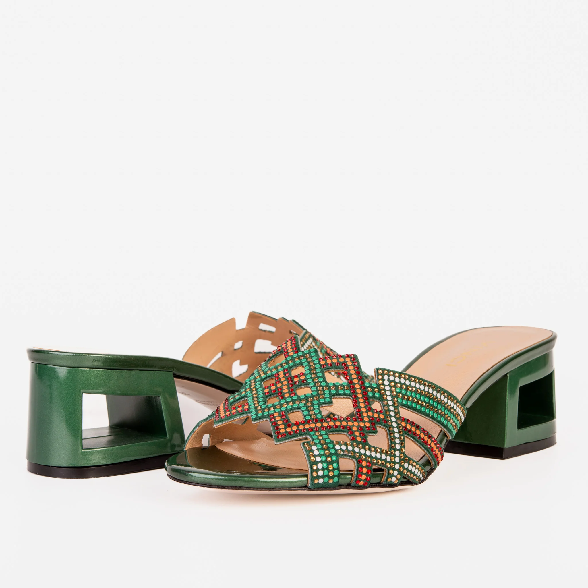 The Palma Green Glitter Leather Block Heel Women Sandal - Image 5