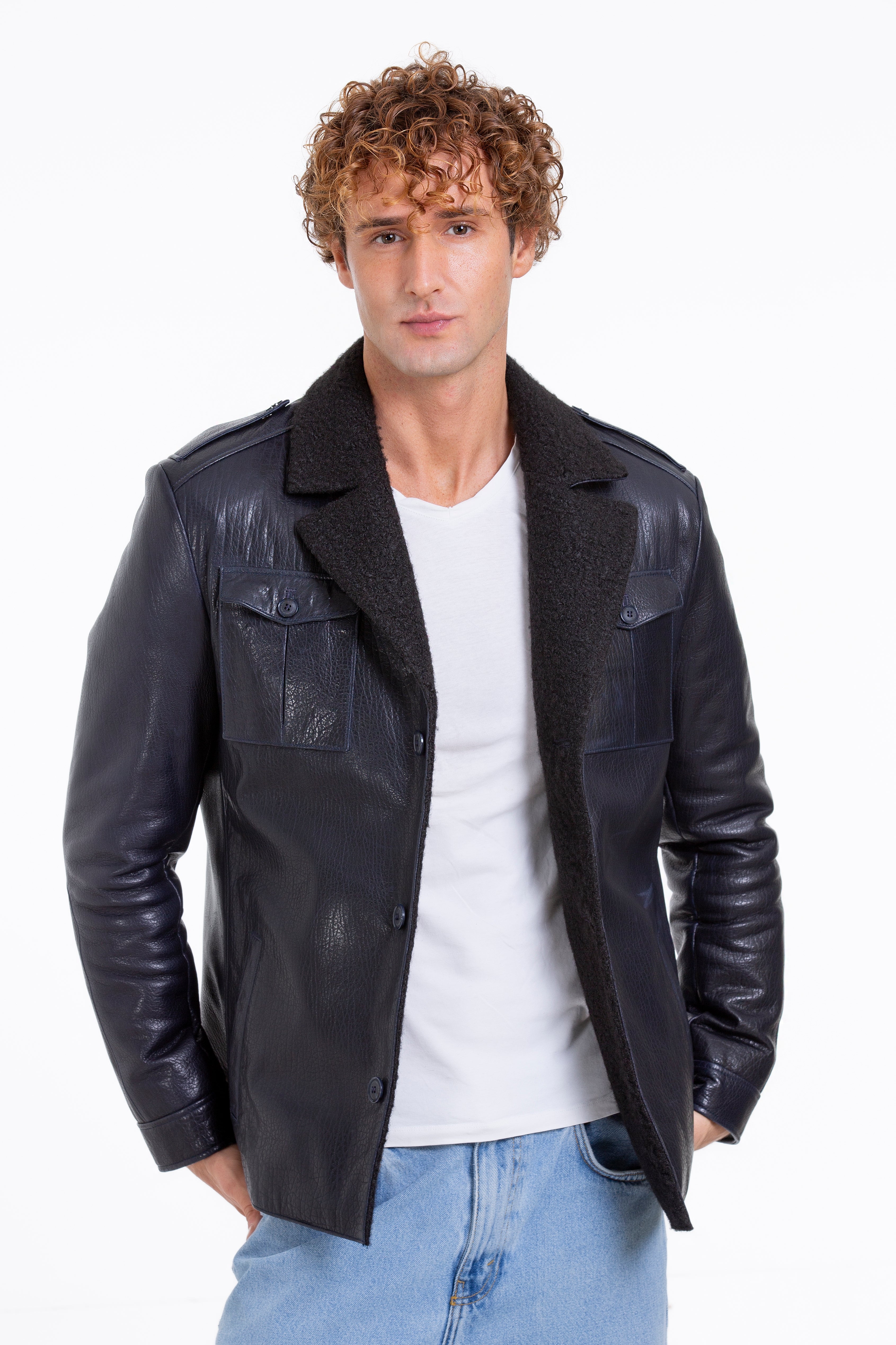 The Ponsonby Navy Blue Leather Shearling Men Jacket - Image 2