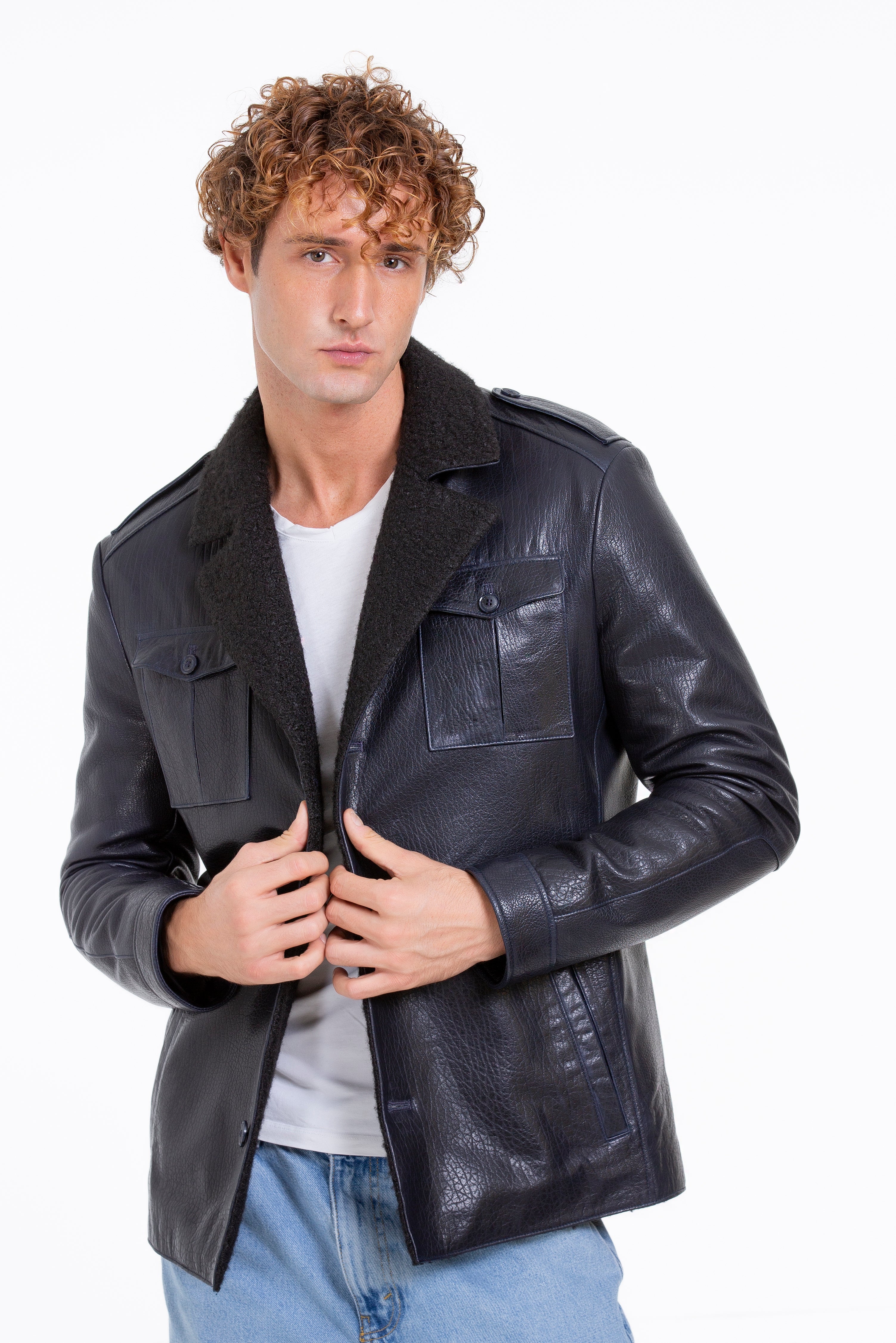 The Ponsonby Navy Blue Leather Shearling Men Jacket - Image 4