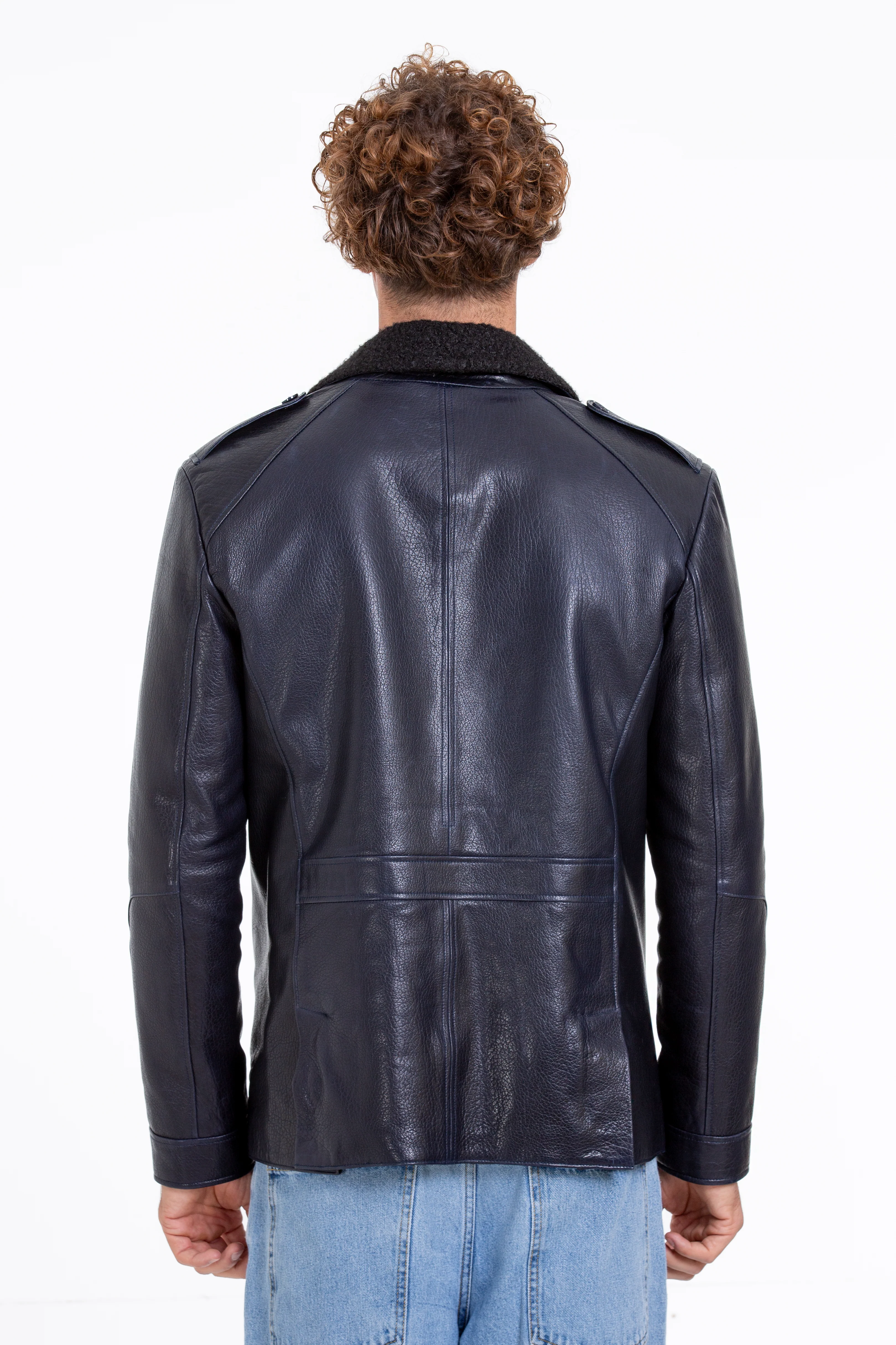 The Ponsonby Navy Blue Leather Shearling Men Jacket - Image 5