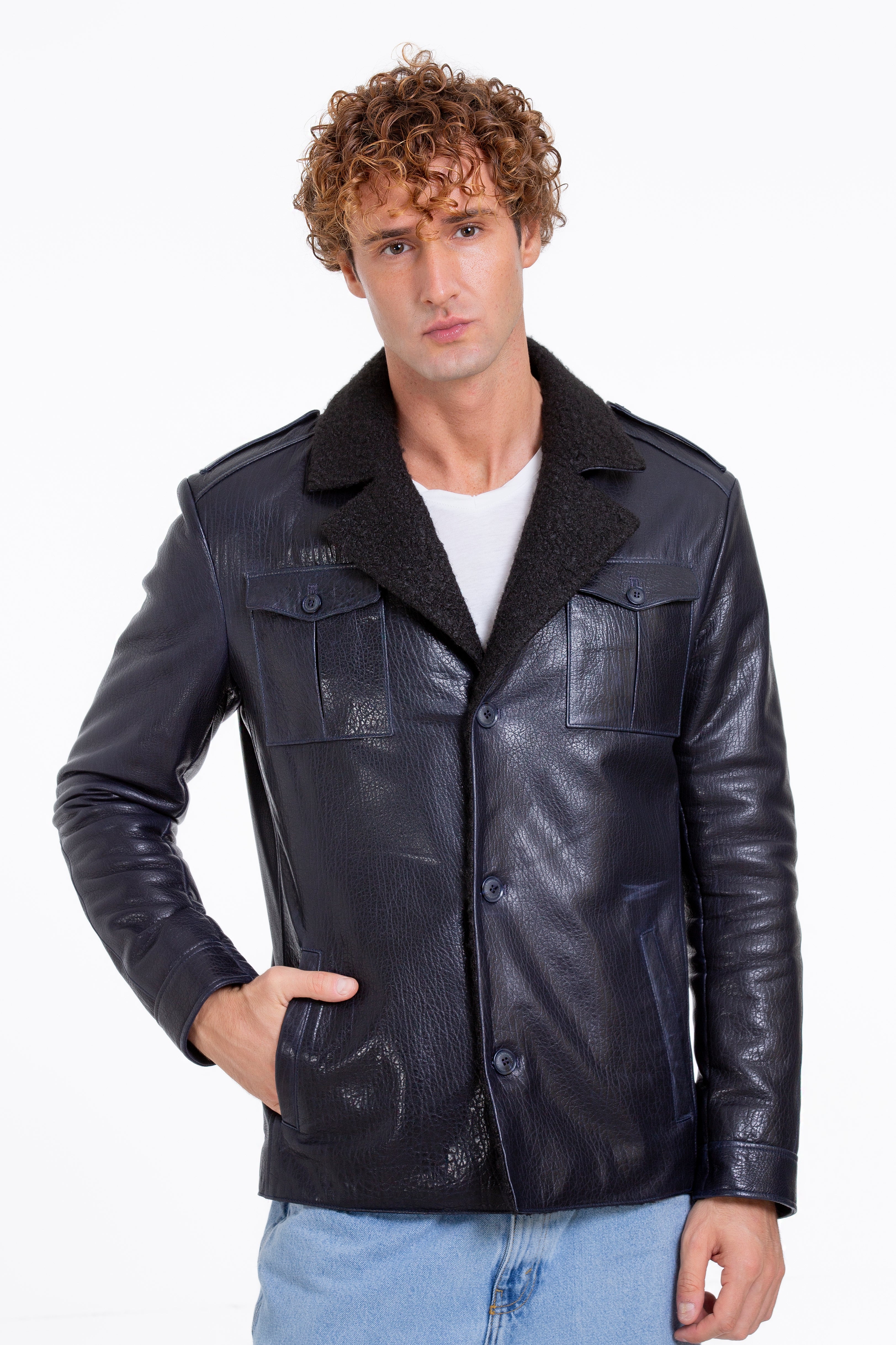 The Ponsonby Navy Blue Leather Shearling Men Jacket - Image 7