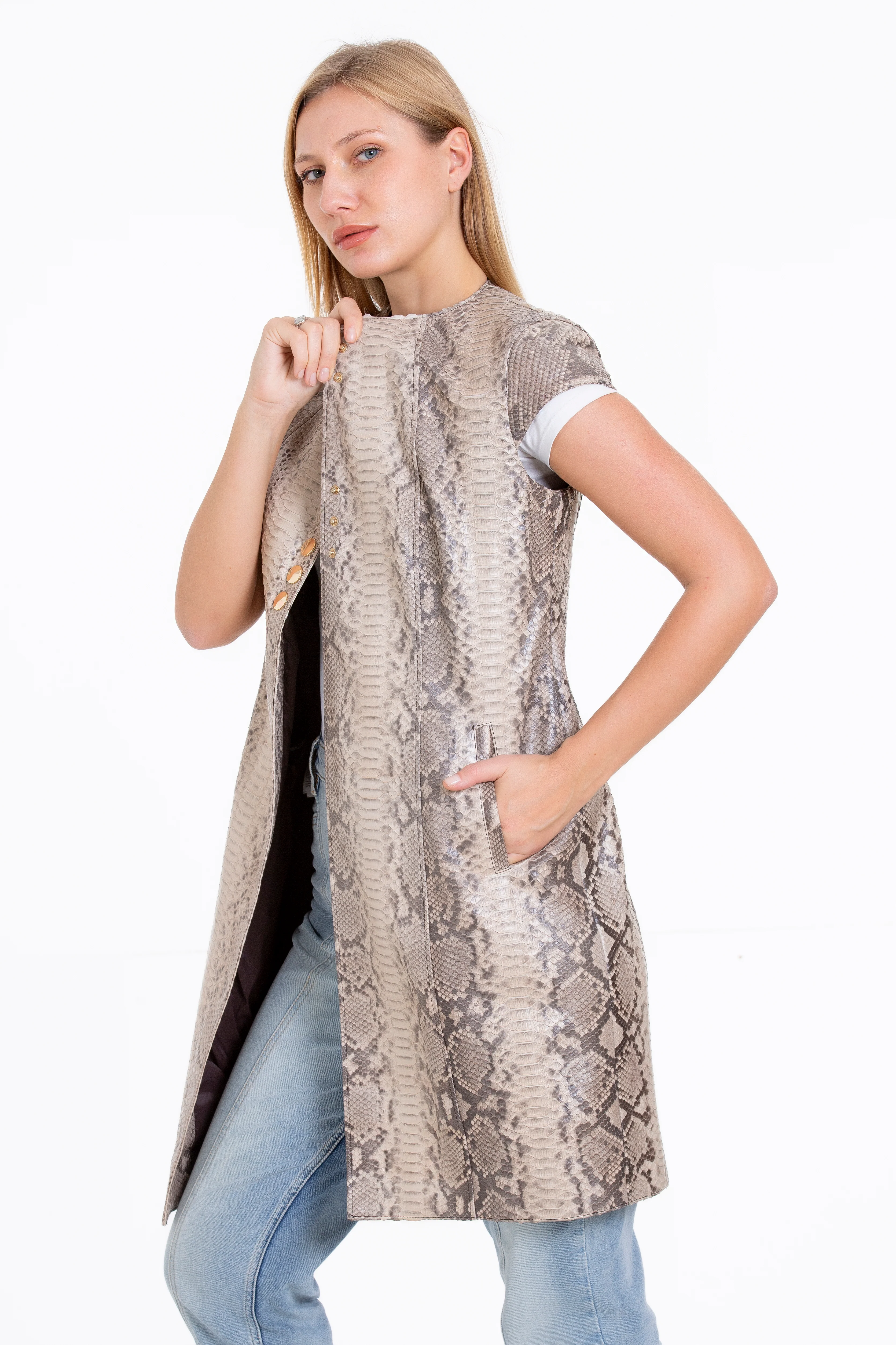 The Principe Pythn Skin Leather Natural Zip-Up Vest Women Jacket - Image 3