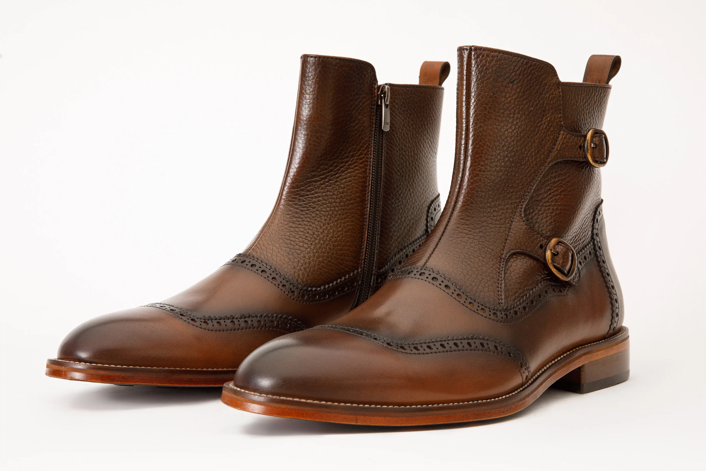 The Rand Brown Leather Double Buckle Brogue Men Boot with a Zipper - Image 3