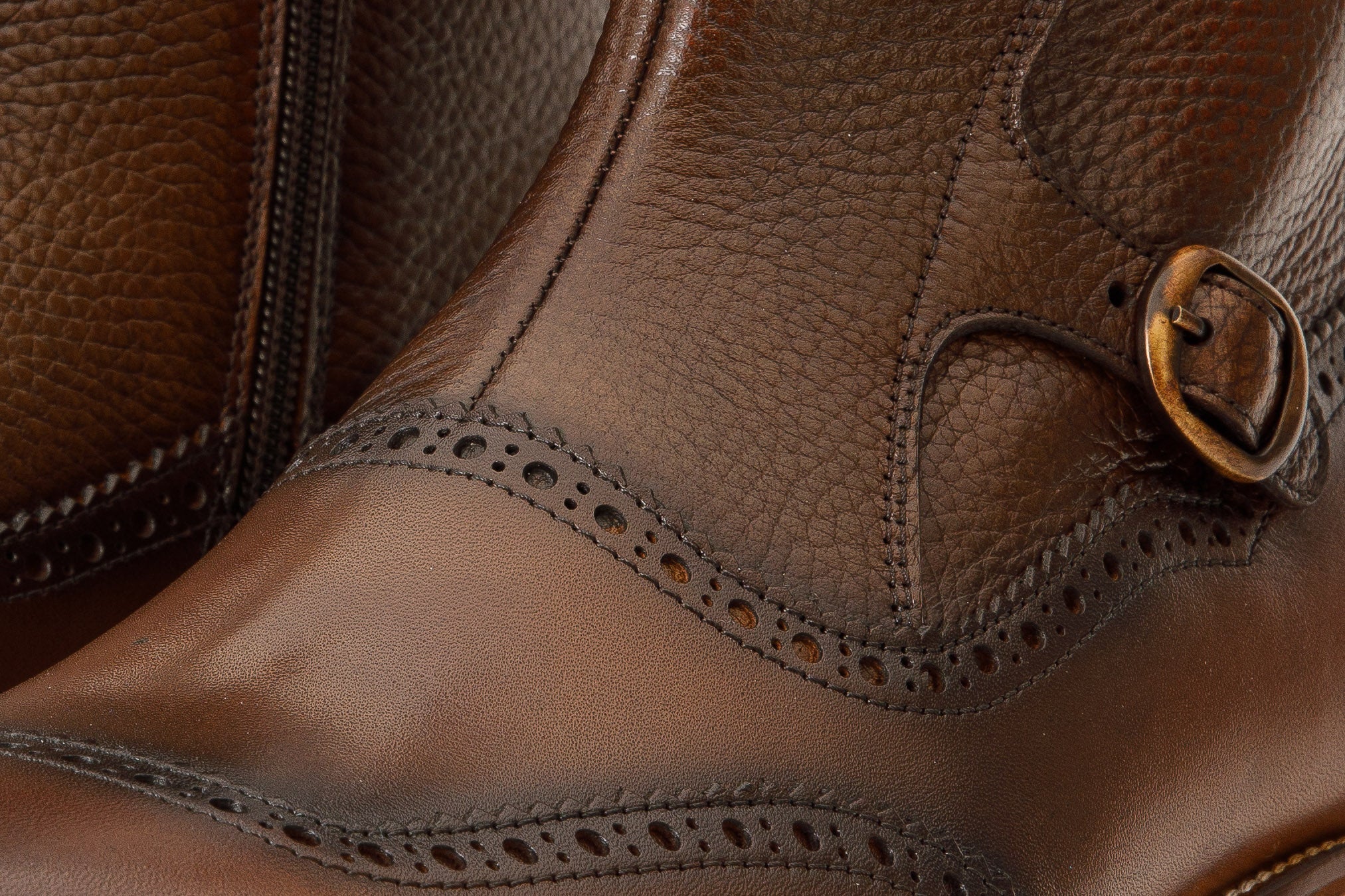 The Rand Brown Leather Double Buckle Brogue Men Boot with a Zipper - Image 4