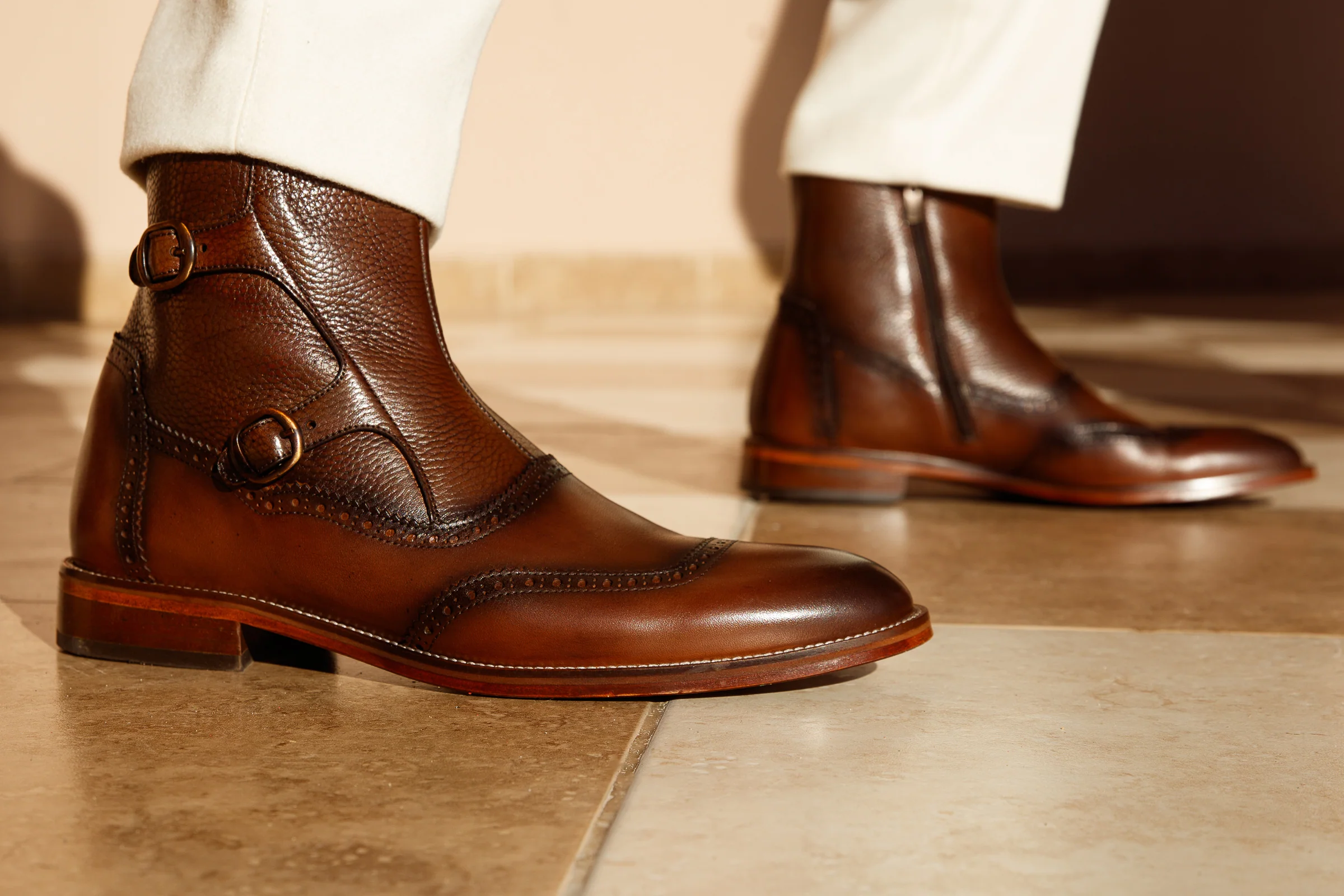 The Rand Brown Leather Double Buckle Brogue Men Boot with a Zipper - Image 8