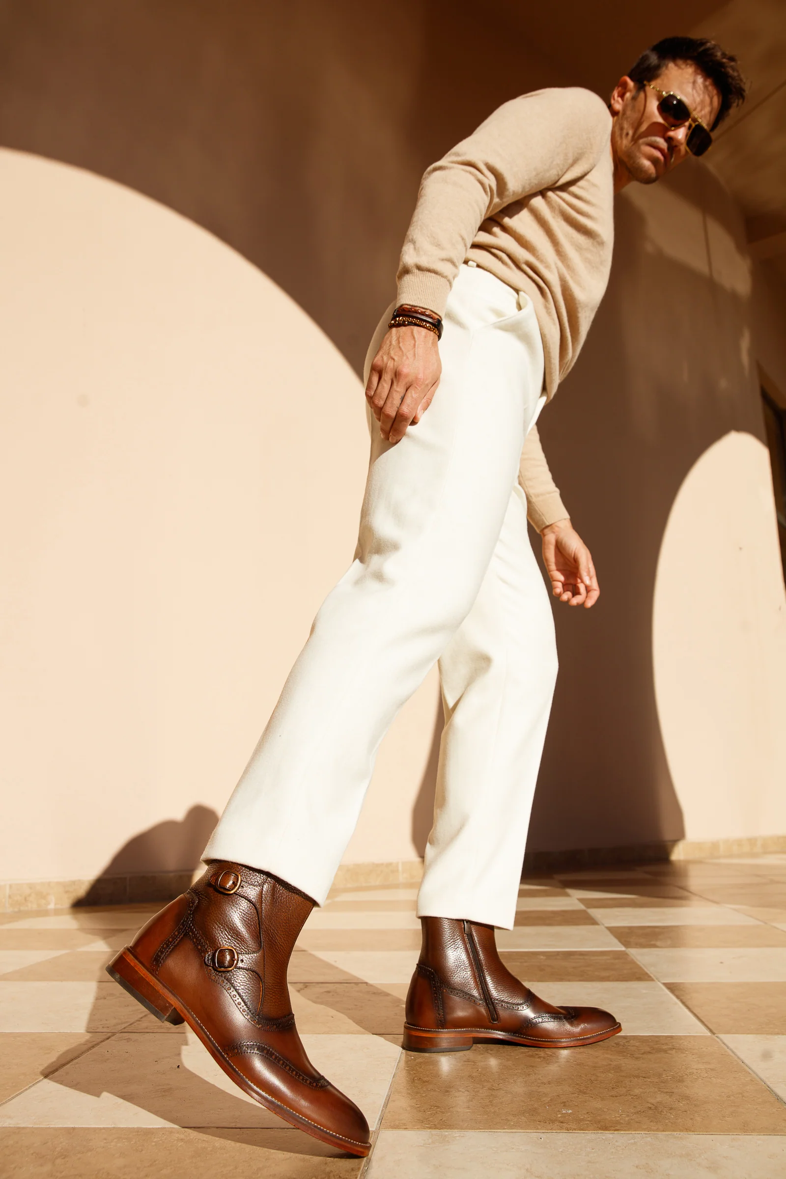 The Rand Brown Leather Double Buckle Brogue Men Boot with a Zipper - Image 9