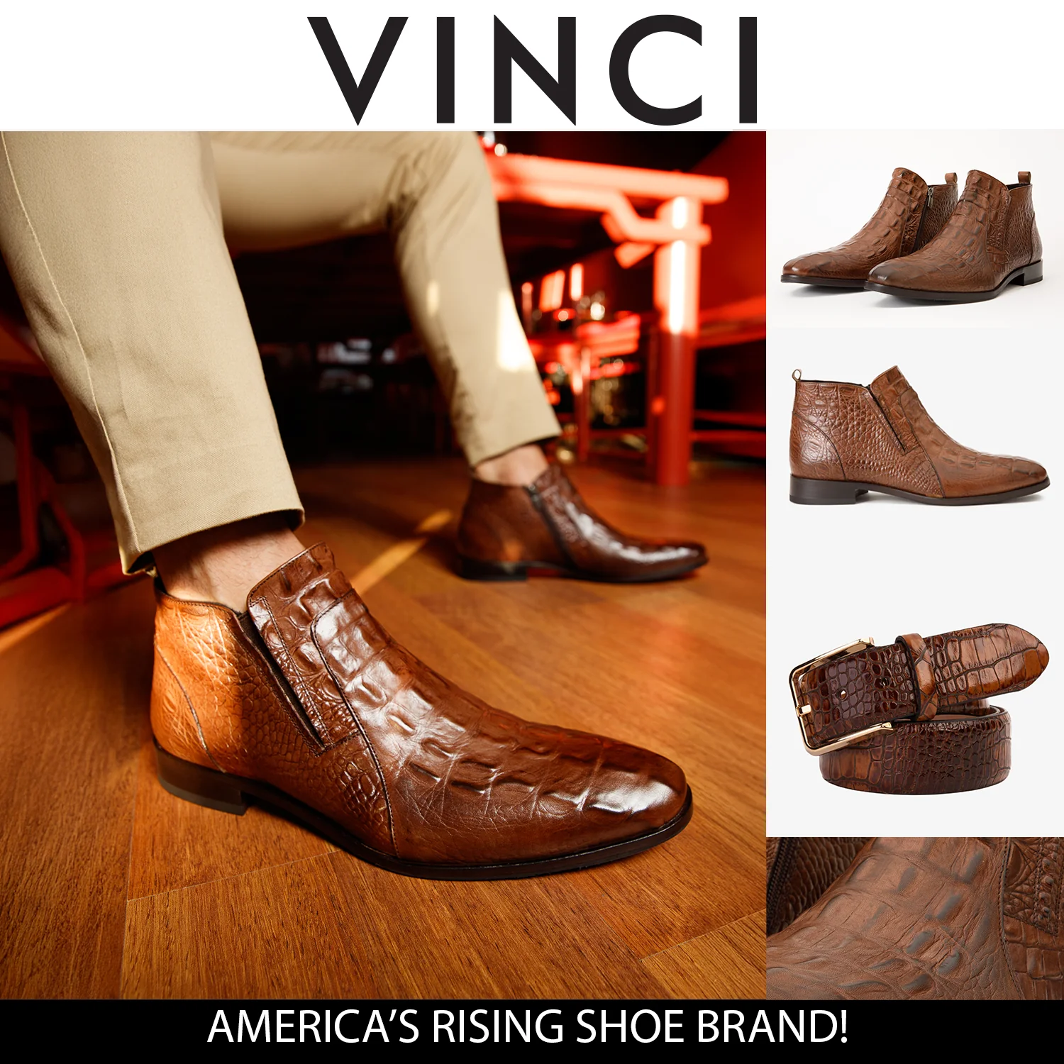 The Randor Brown Crocodile Leather Side-Zip Dress Ankle Men  Boot - Image 5
