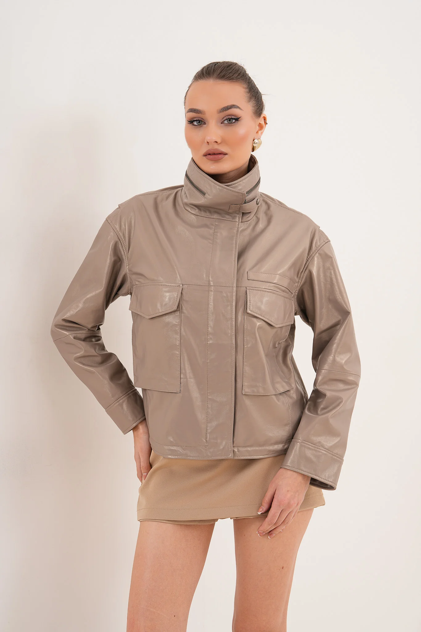 The Ravelyn Taupe Leather Women Jacket - Image 11