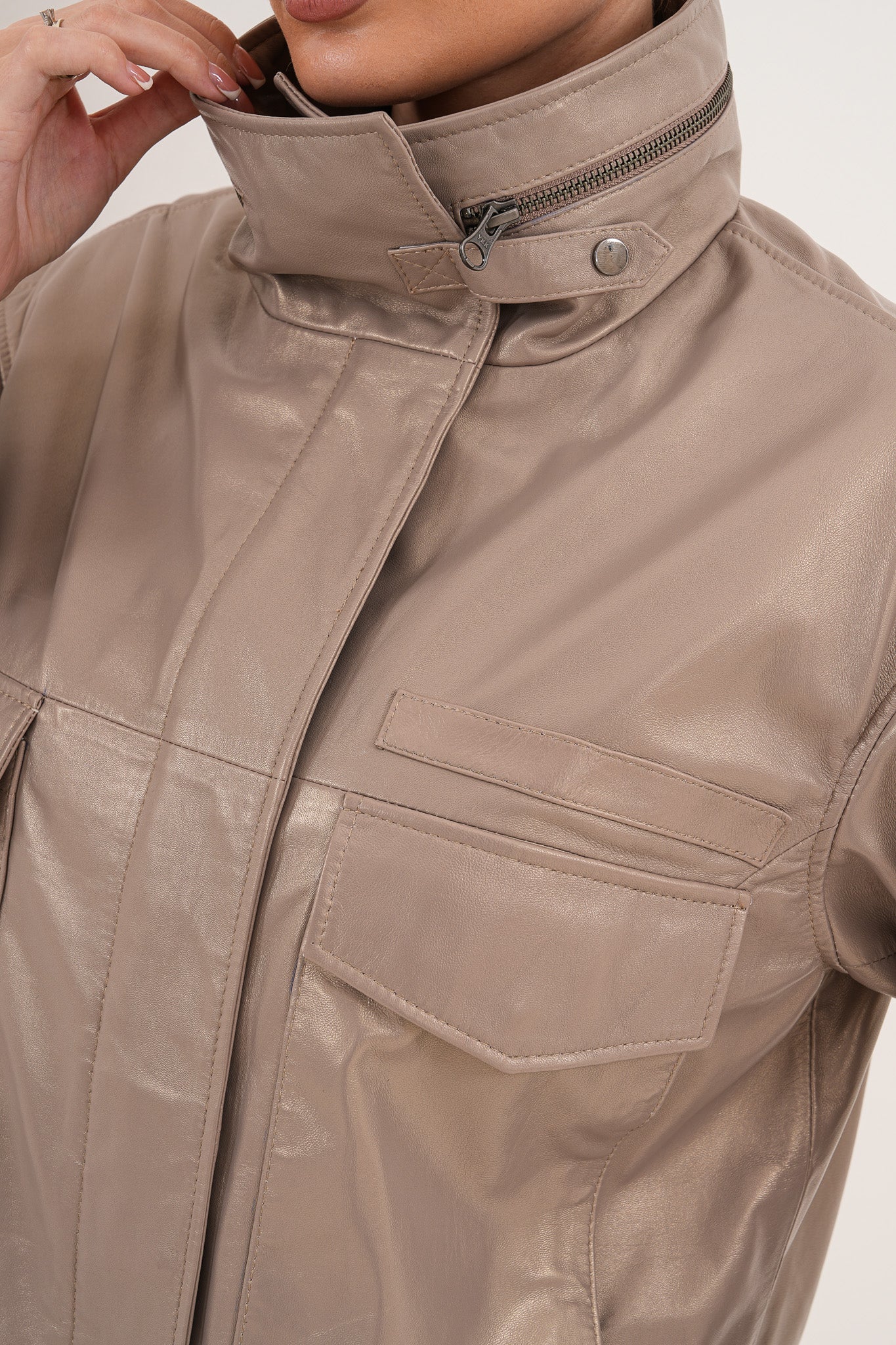 The Ravelyn Taupe Leather Women Jacket - Image 2