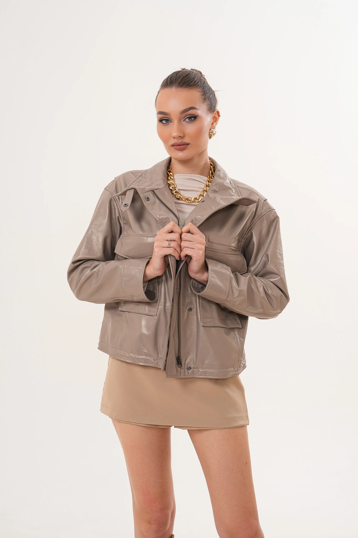 The Ravelyn Taupe Leather Women Jacket - Image 9