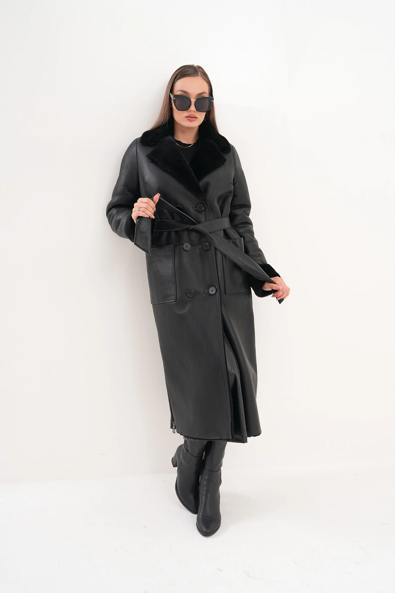 The Raven Long Shearling Black Leather Women Leather Jacket - Image 10