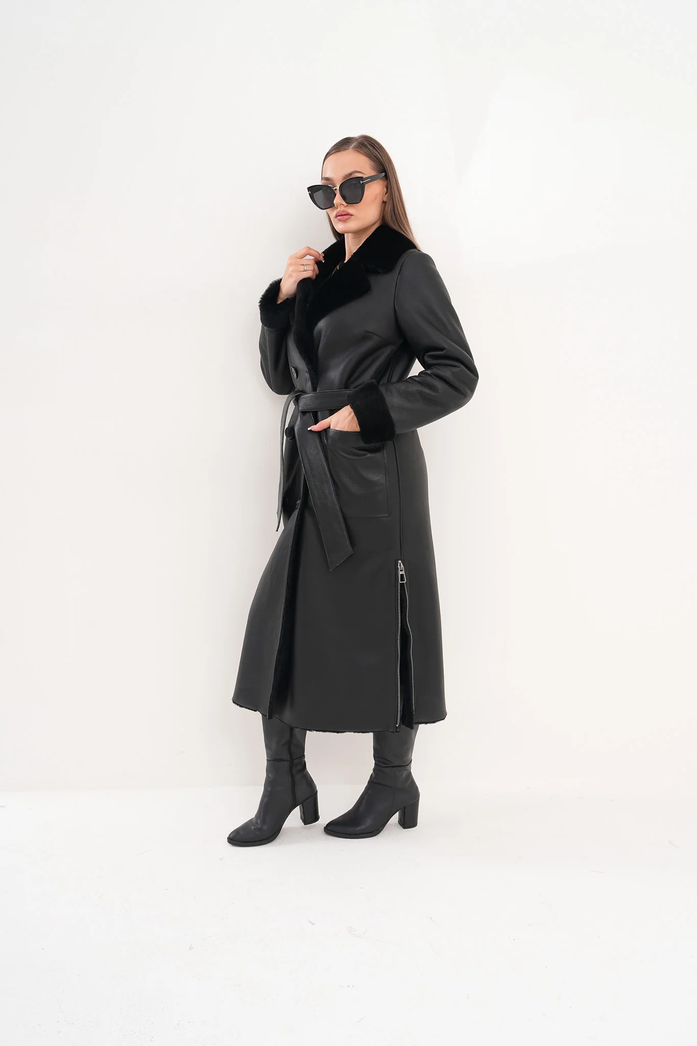 The Raven Long Shearling Black Leather Women Leather Jacket - Image 11
