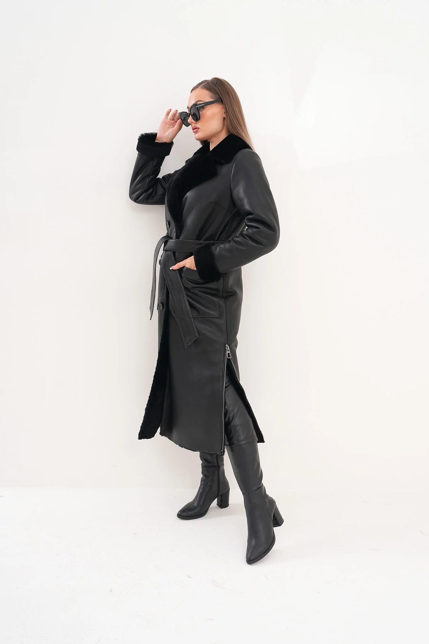 The Raven Long Shearling Black Leather Women Leather Jacket - Image 12