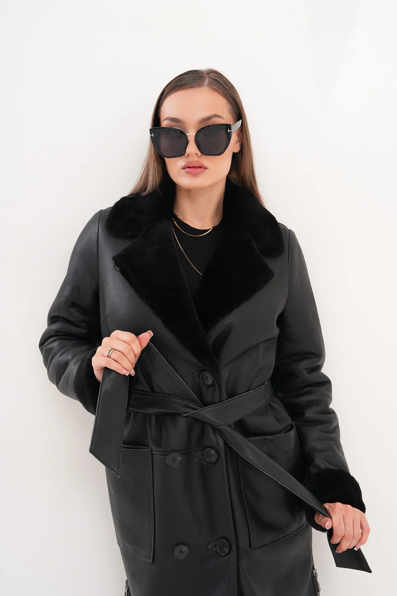 The Raven Long Shearling Black Leather Women Leather Jacket - Image 13