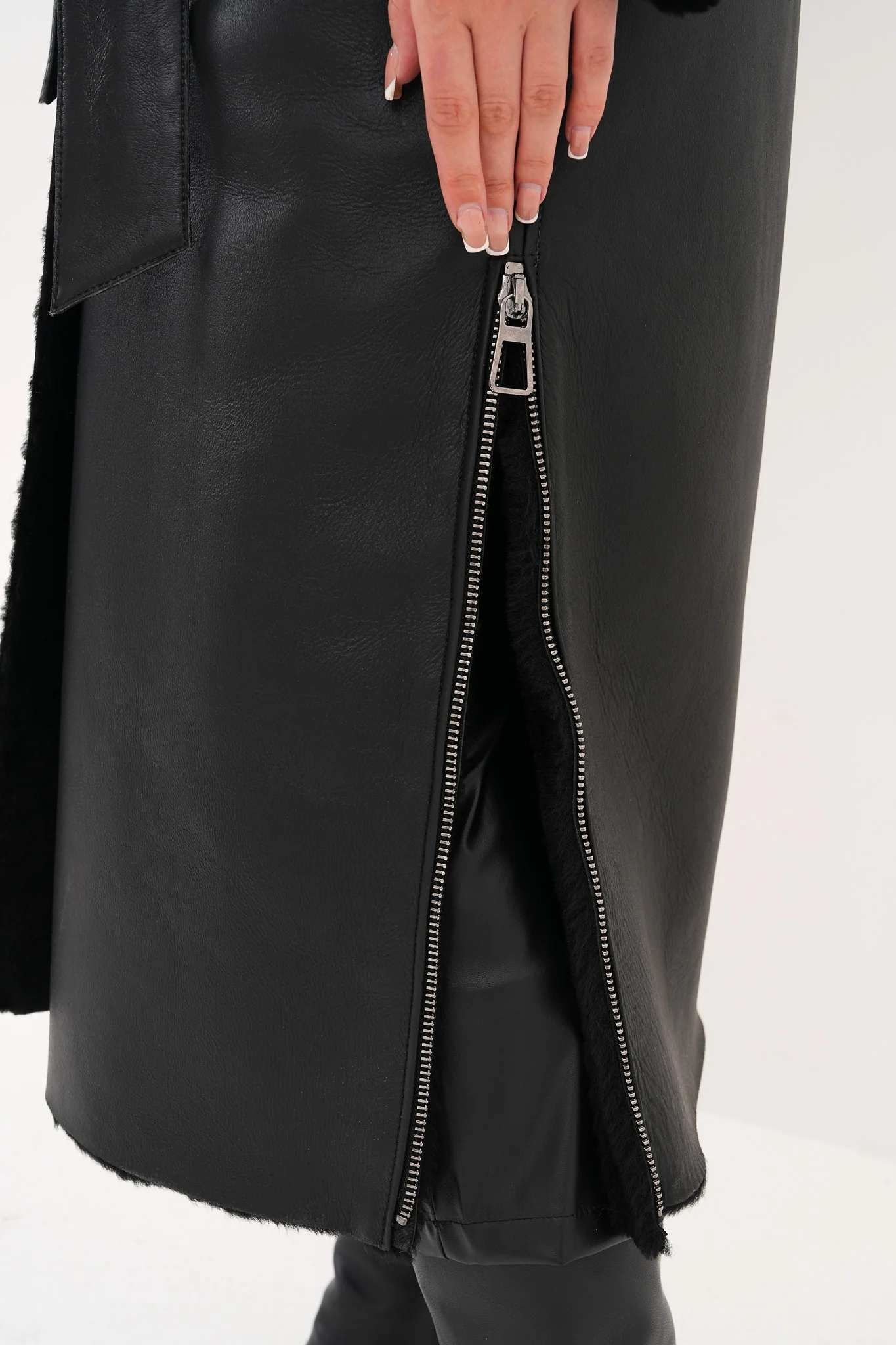 The Raven Long Shearling Black Leather Women Leather Jacket - Image 15