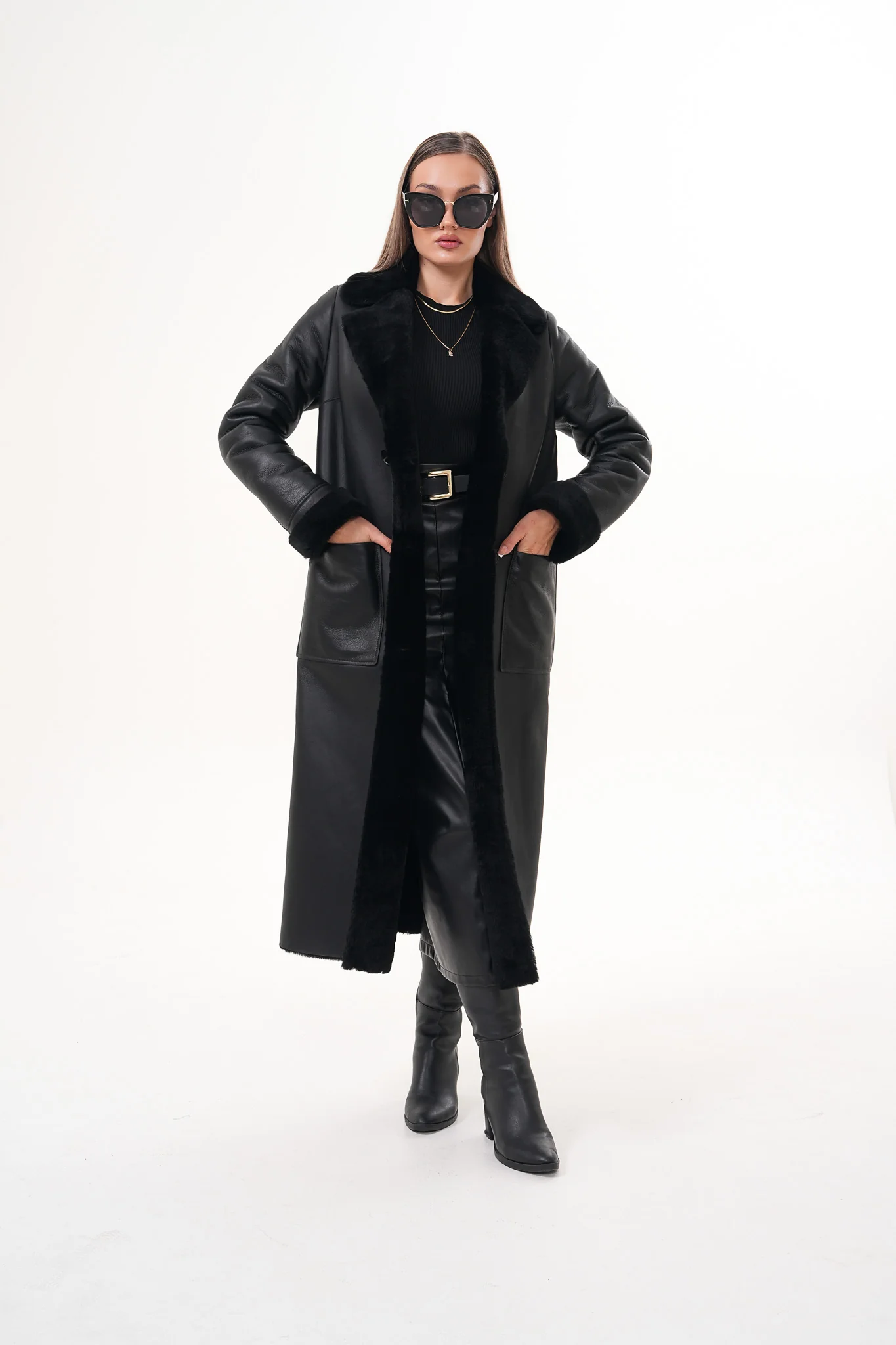 The Raven Long Shearling Black Leather Women Leather Jacket - Image 4