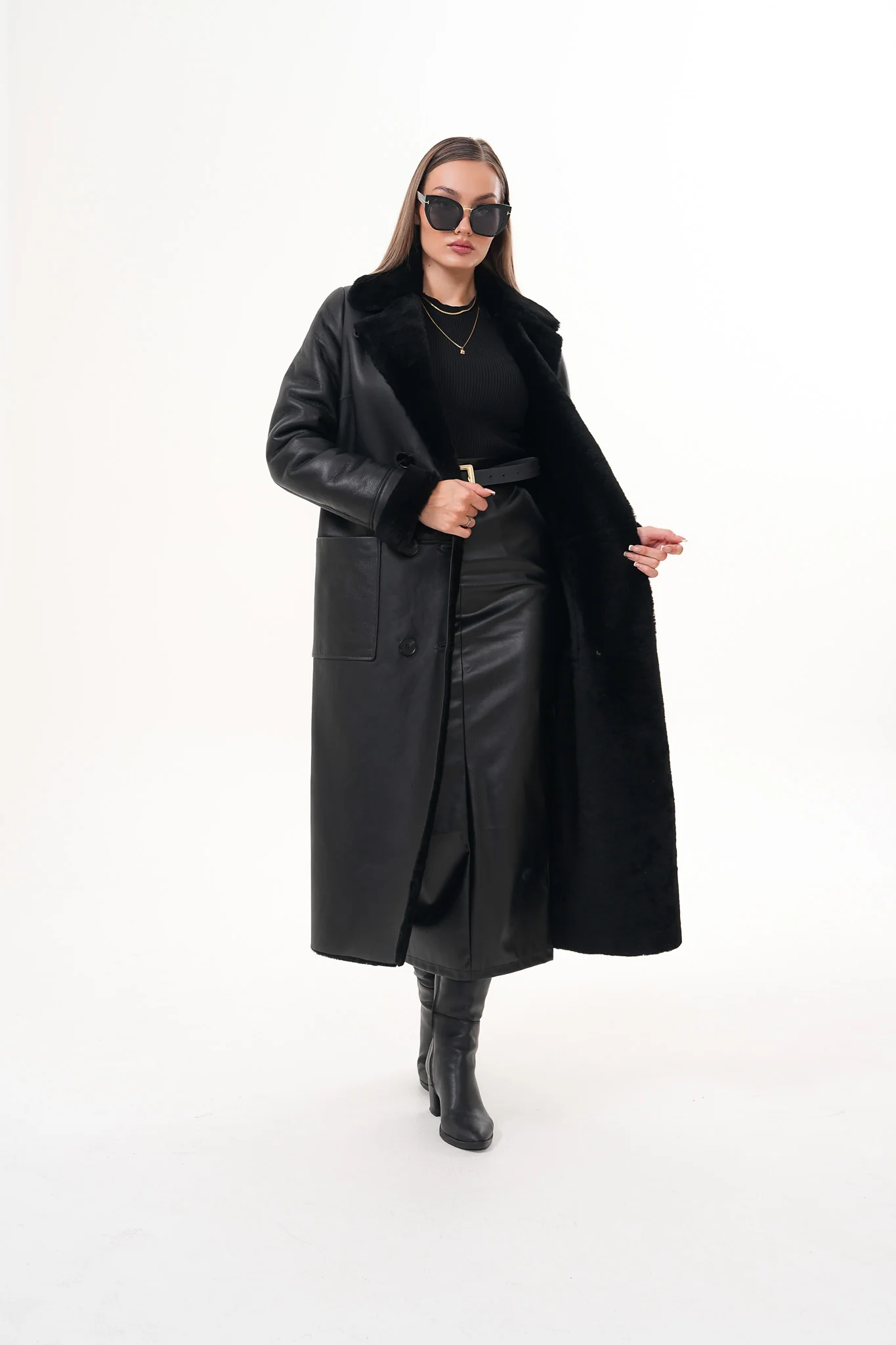 The Raven Long Shearling Black Leather Women Leather Jacket - Image 5