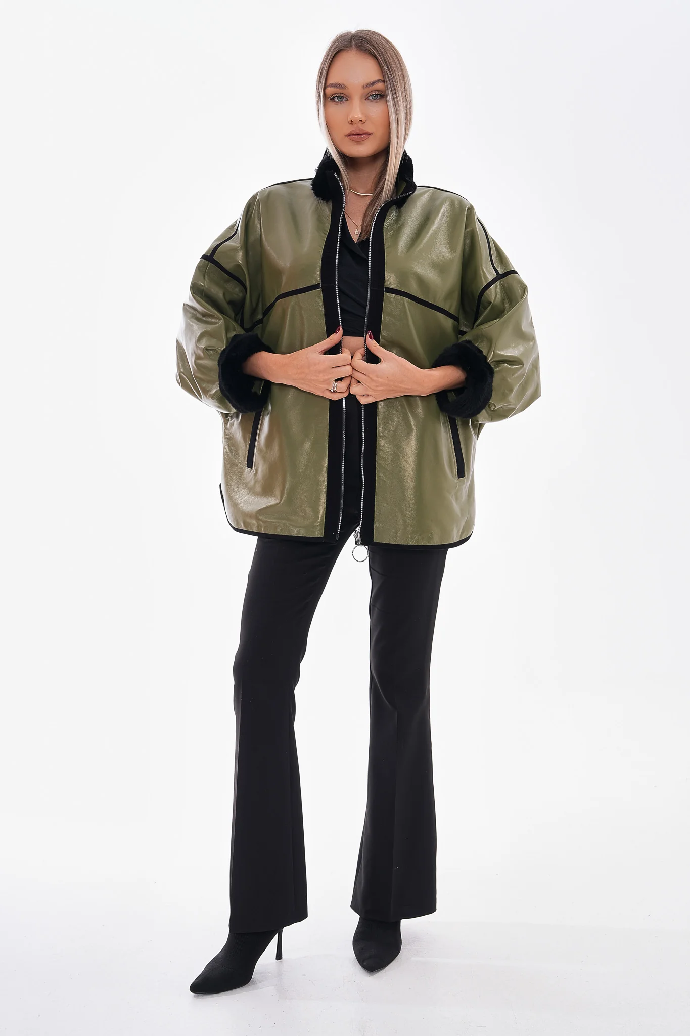 The Rebel Reversible Shearling Olive Green Leather Women Jacket - Image 10
