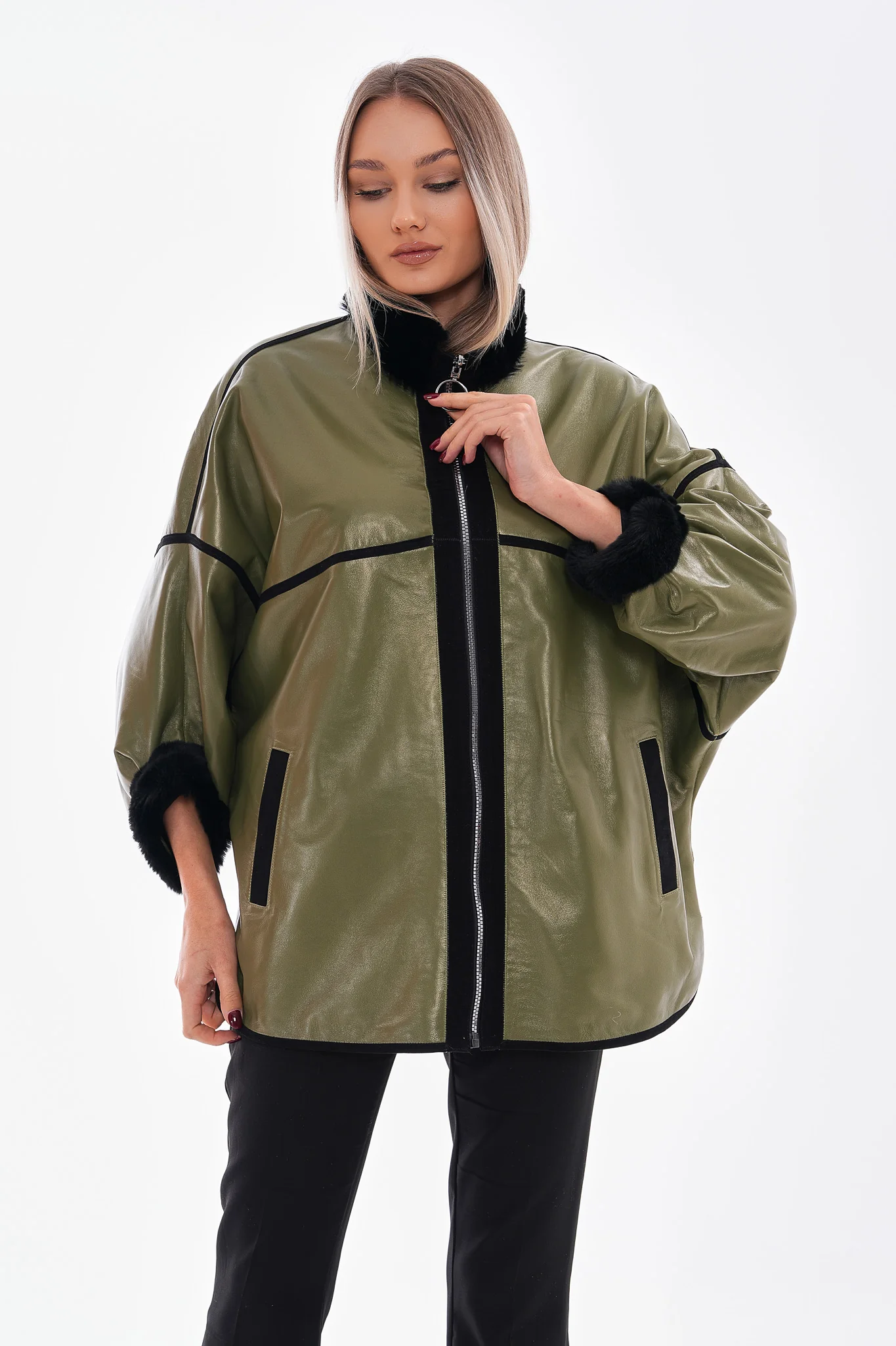 The Rebel Reversible Shearling Olive Green Leather Women Jacket - Image 2
