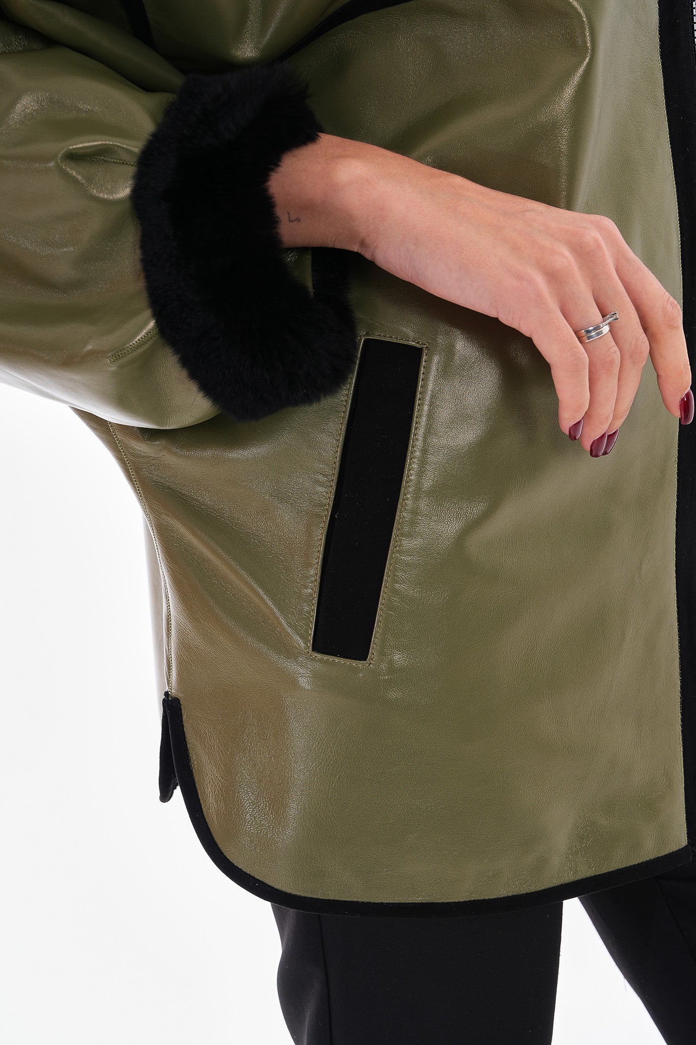 The Rebel Reversible Shearling Olive Green Leather Women Jacket - Image 4