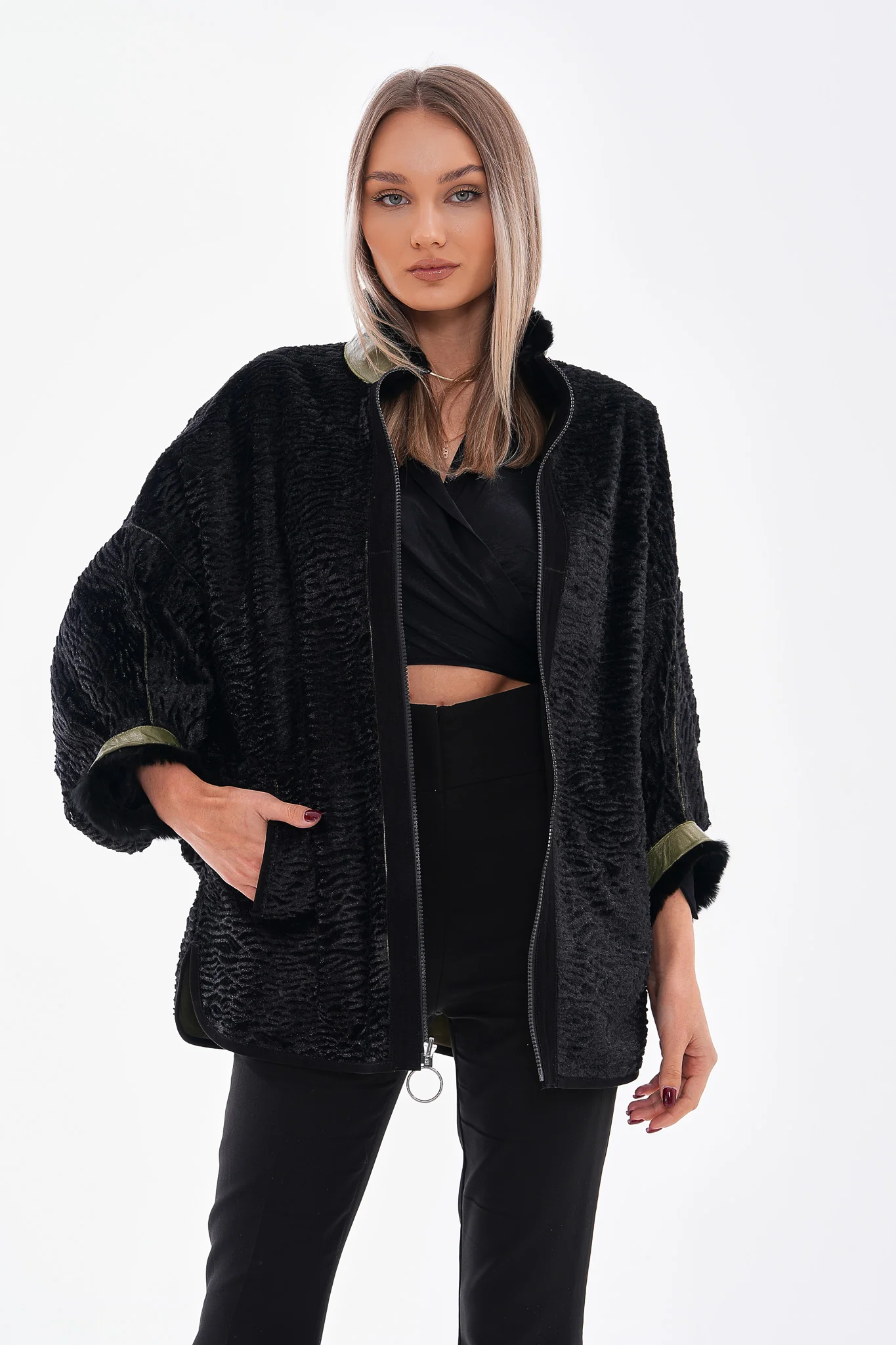 The Rebel Reversible Shearling Olive Green Leather Women Jacket - Image 7