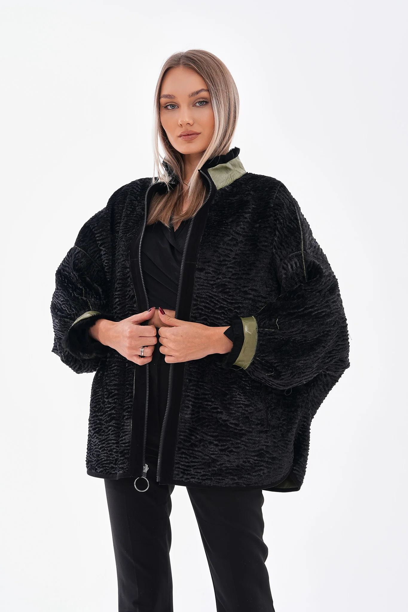The Rebel Reversible Shearling Olive Green Leather Women Jacket - Image 8
