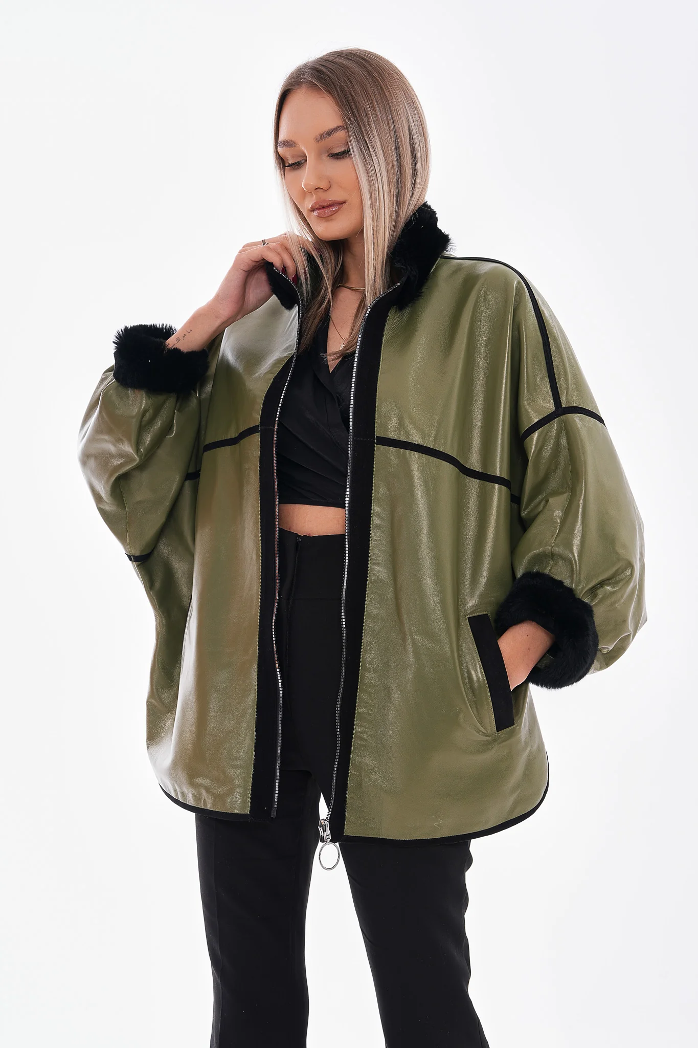 The Rebel Reversible Shearling Olive Green Leather Women Jacket - Image 9