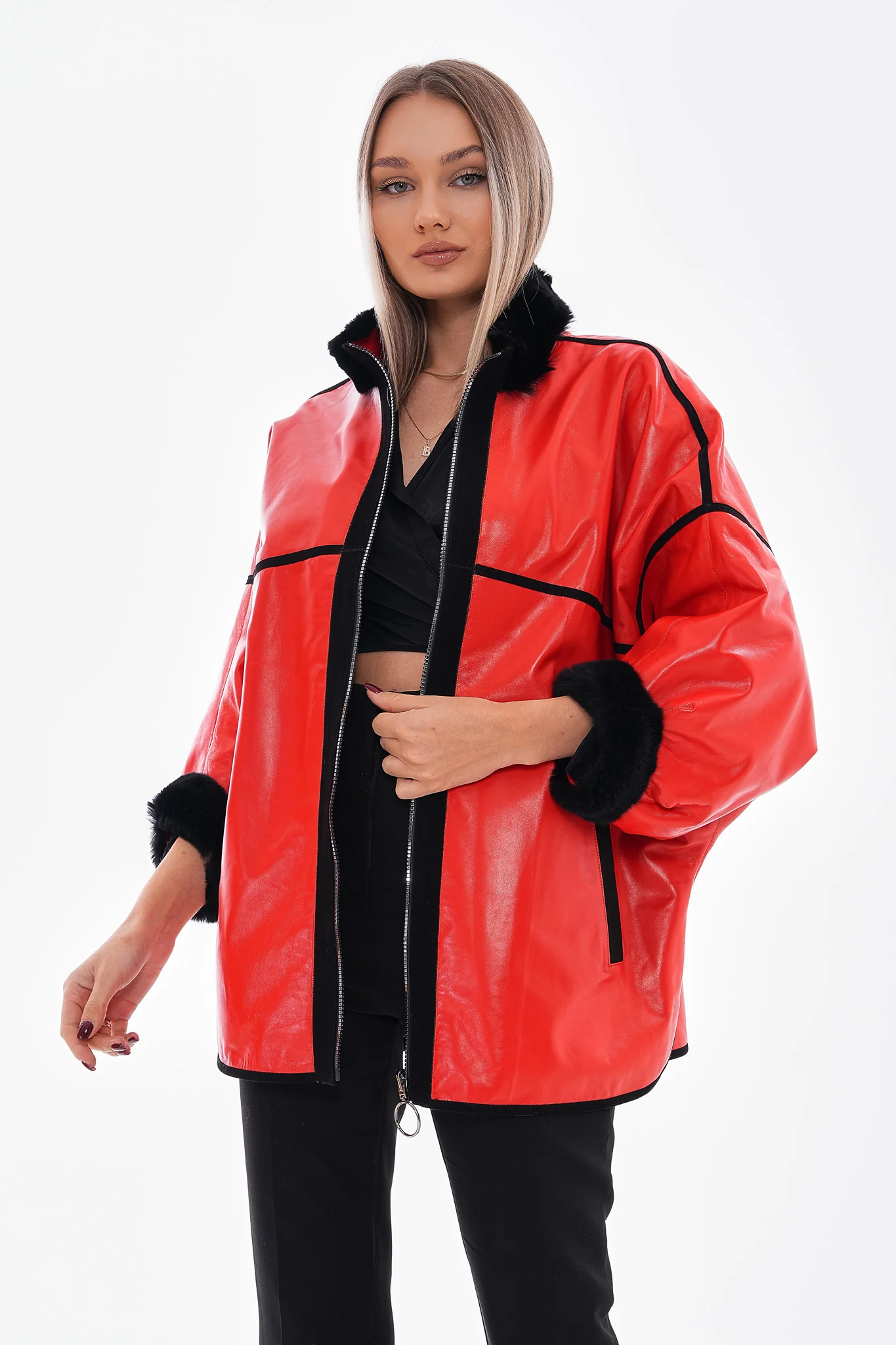 The Rebel Reversible Shearling Red Leather Women Jacket - Image 2
