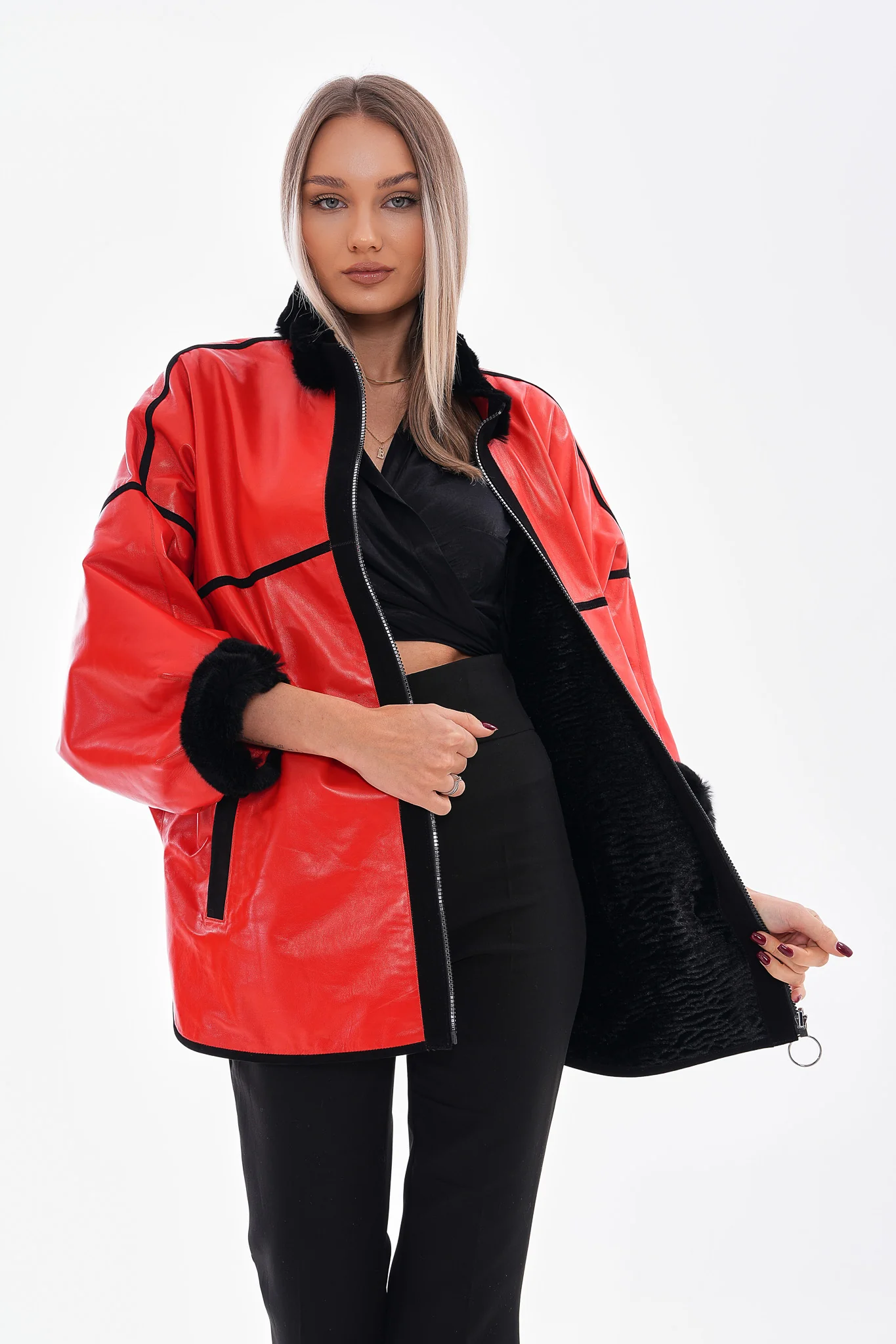 The Rebel Reversible Shearling Red Leather Women Jacket - Image 6
