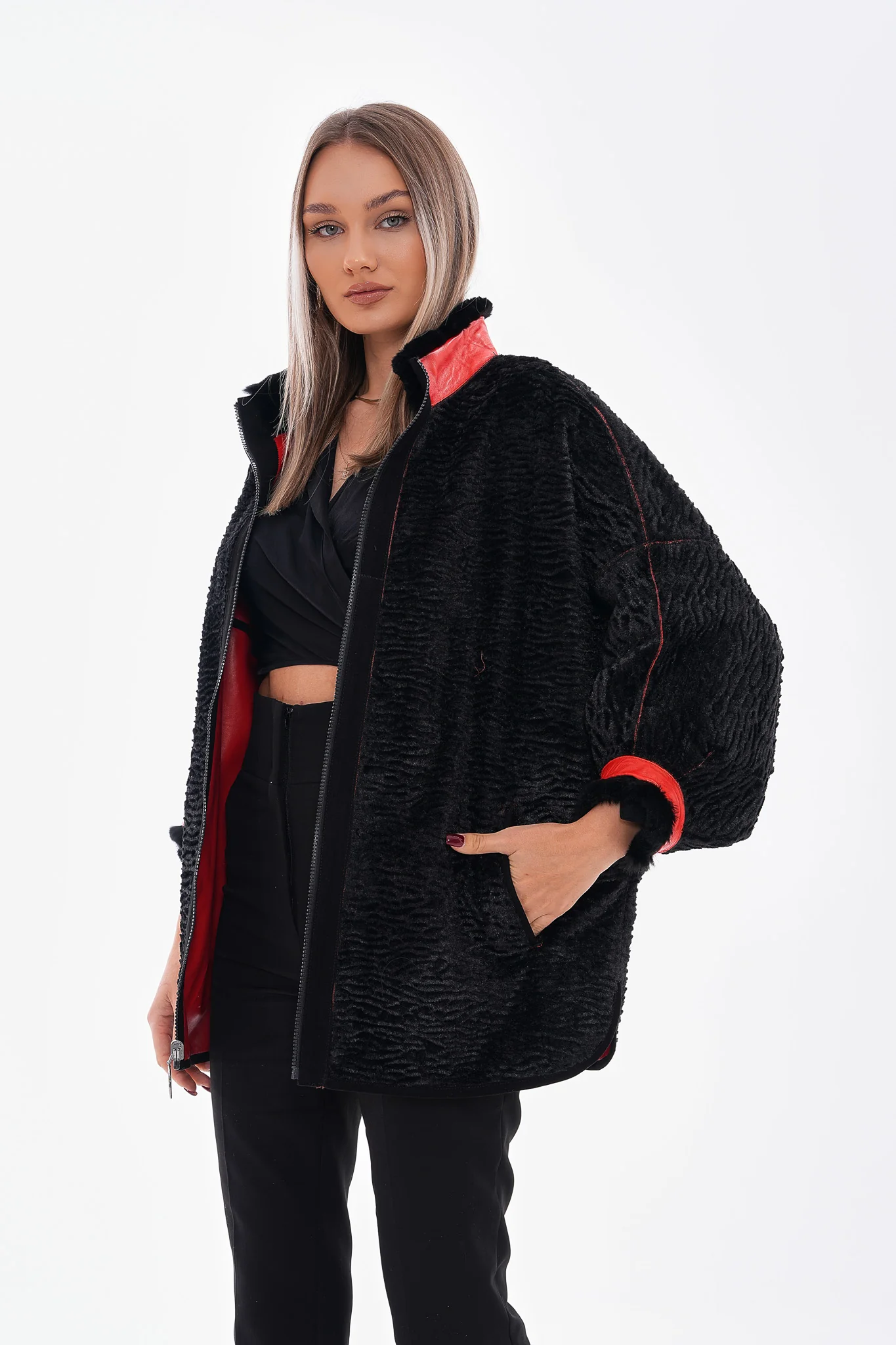The Rebel Reversible Shearling Red Leather Women Jacket - Image 7